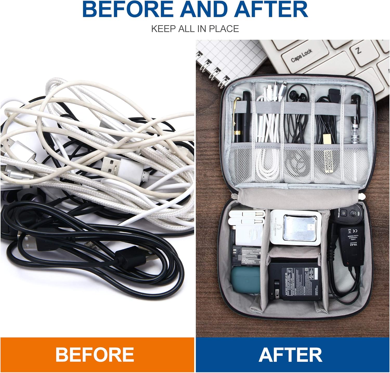 VOCUS Organizador de artículos electrónicos, bolsa organizadora de cables de viaje para accesorios electrónicos, estuche de almacenamiento grande
