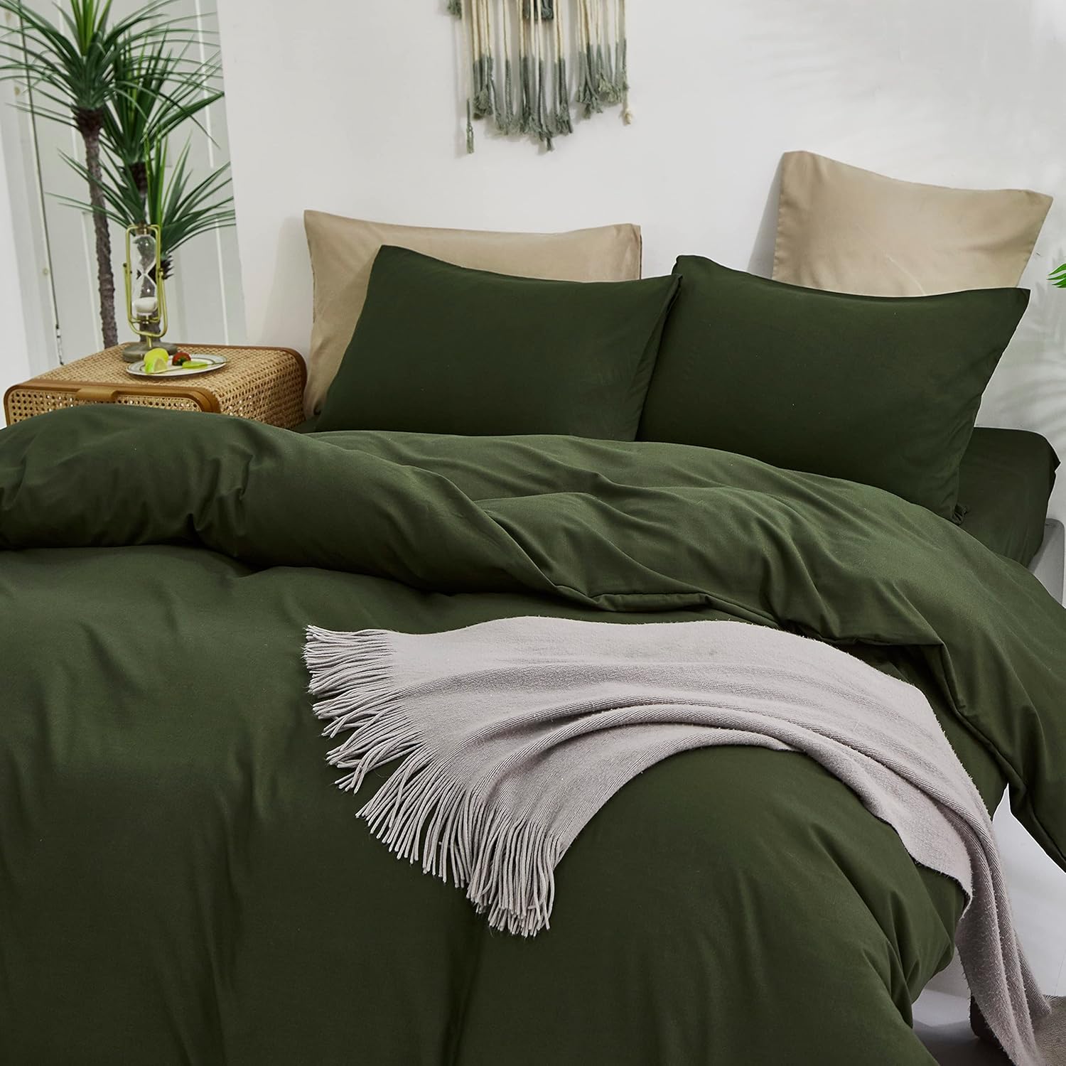 Pureant Juego de edredón verde oscuro, tamaño Queen, color verde oliva, para hombres y niños, juego de ropa de cama verde militar, suave, saludable,