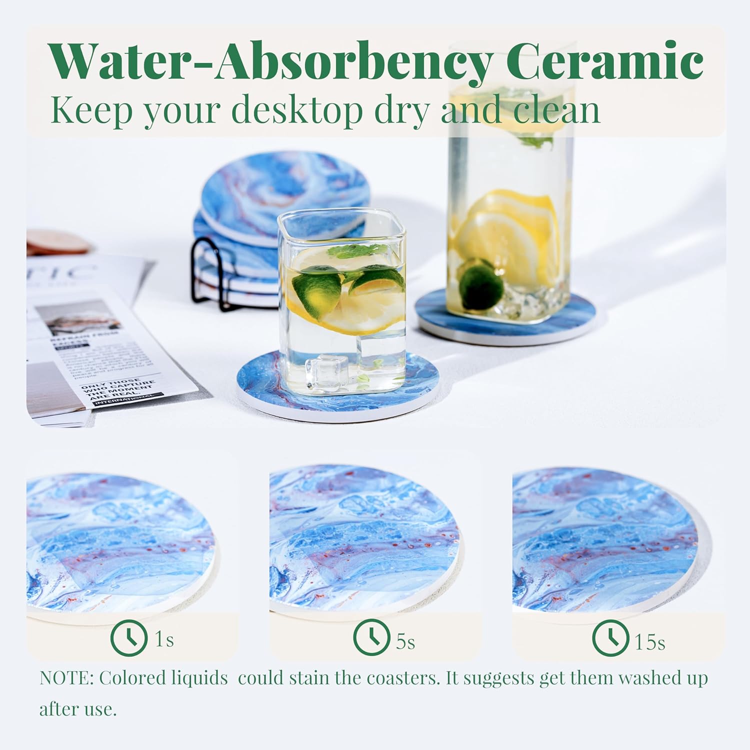 Posavasos para bebidas con base de corcho, posavasos absorbentes de piedra cerámica para sostener tazas, tazas o vasos, decoración del hogar estilo