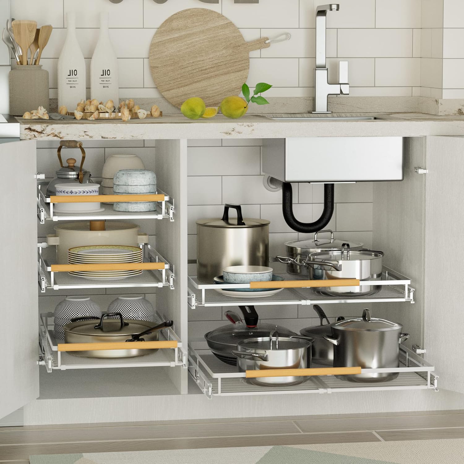 WEJIPP Organizador de gabinete extraíble para gabinete de cocina, cajón de gabinete de cocina resistente, estante de almacenamiento de acero
