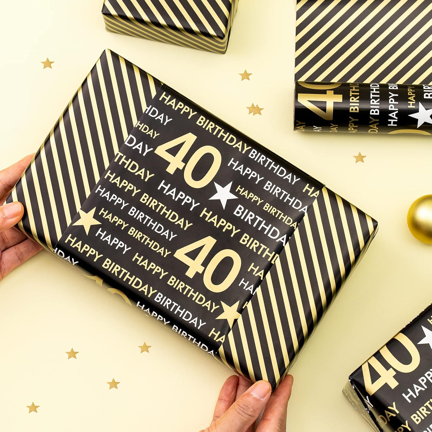 RUSPEPA Rollo de papel de regalo reversible, mini rollo, patrón negro y dorado para cumpleaños de 40 años, ideal para cumpleaños, fiestas, baby