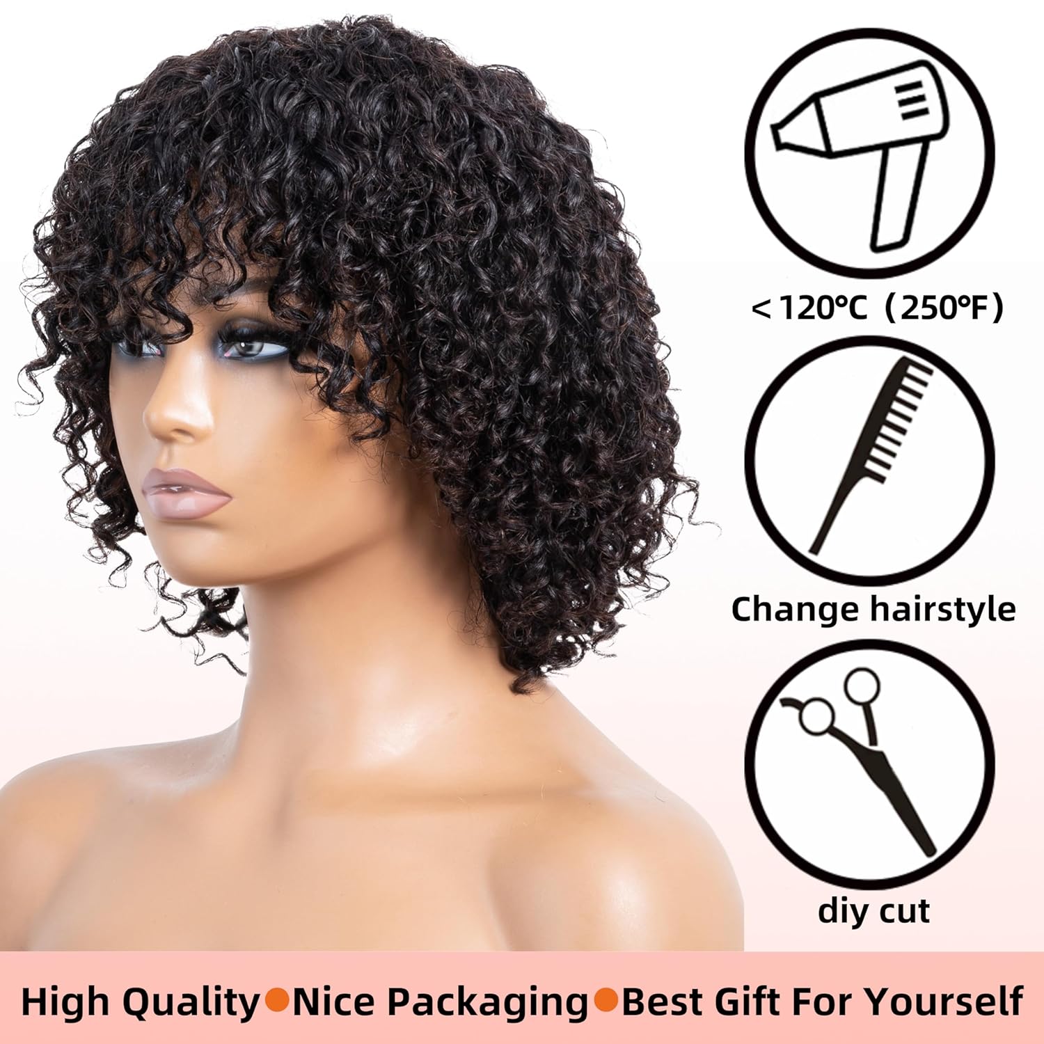 ZABUZAUN Pelucas humanas cortas y rizadas con flequillo para mujeres negras, 100% cabello humano virgen brasileño, hechas a máquina, sin pegamento,