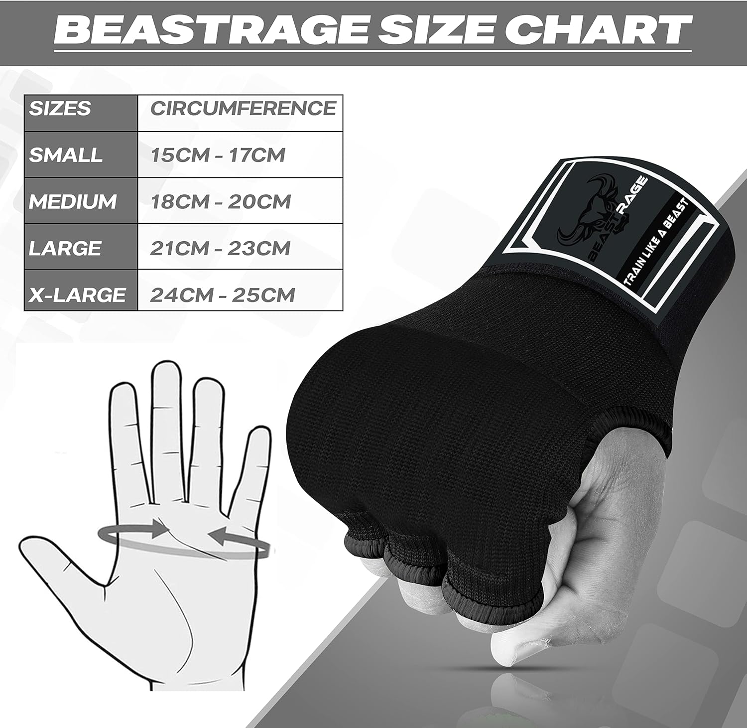 BEAST RAGE Guantes interiores con envolturas de mano, envoltura rápida, largo de 36 pulgadas, soporte de muñeca de MMA, vendajes Muay Thai,