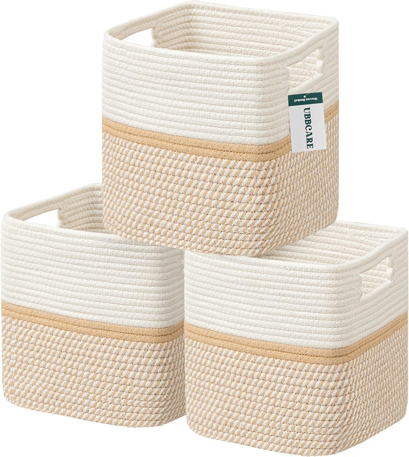 UBBCARE Juego de 3 cestas de cuerda de algodón de 13 x 13 x 13 pulgadas, cestas de almacenamiento para estantes, cestas tejidas para organizar con