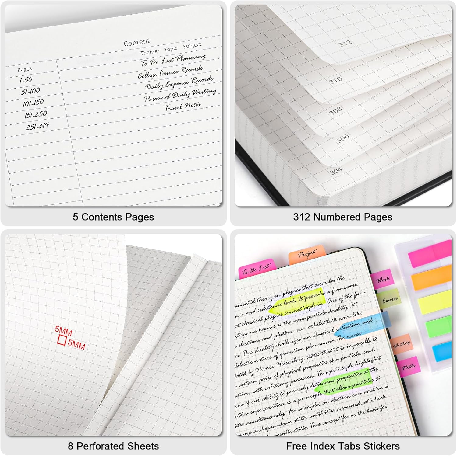 Cuaderno de papel cuadriculado, 312 páginas numeradas, tamaño A5, de cuero de tapa dura, cuaderno de papel cuadriculado de 3.53 ozyd, con páginas de