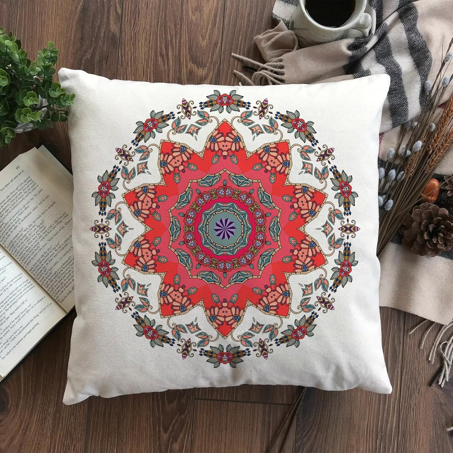 Juego de 2 fundas de almohada de 18 x 18 pulgadas con diseño de flores de mandala sobre fondo blanco, decoración de exteriores, fundas de almohada