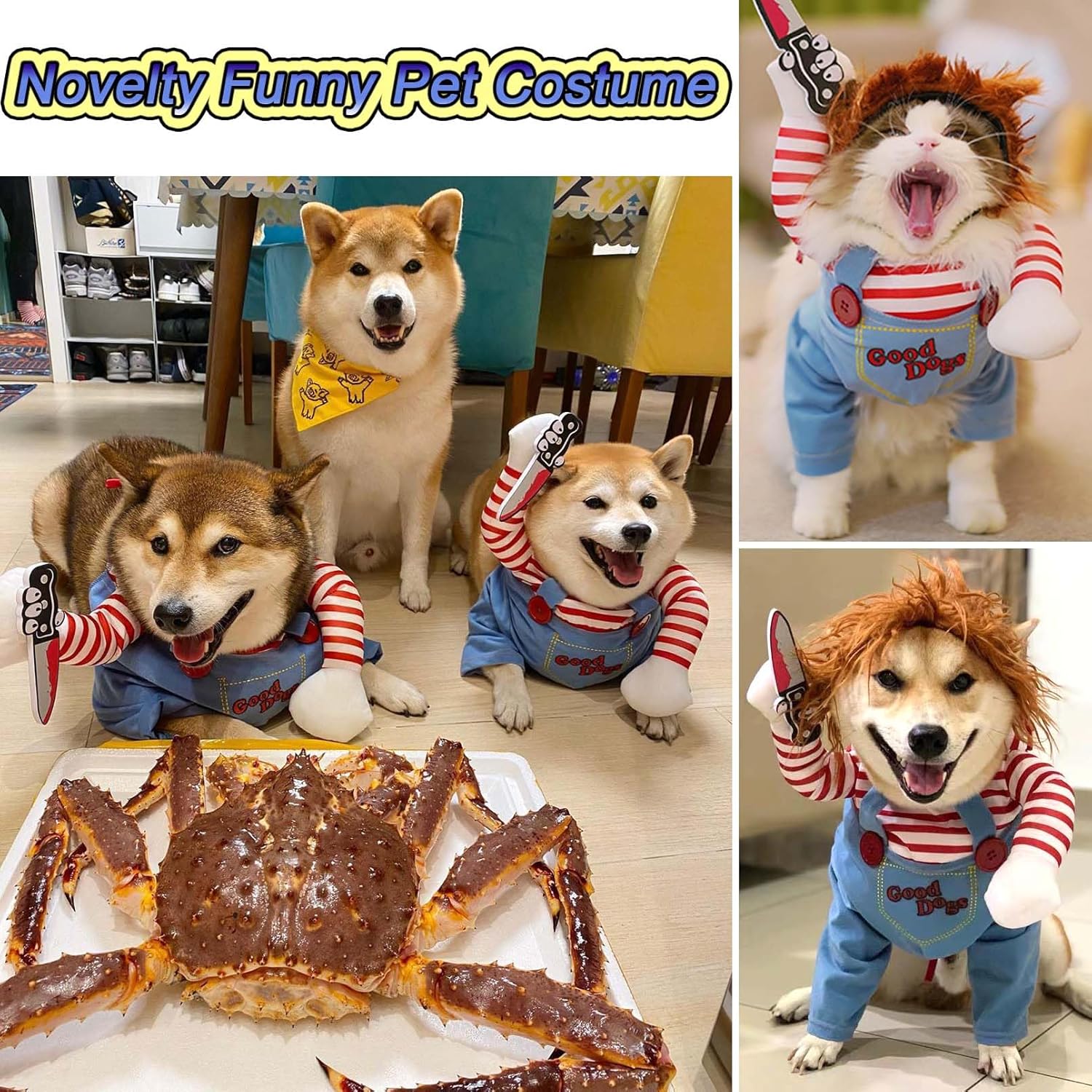 Disfraz de muñeca mortal para perro, novedoso disfraz de Halloween para perro, traje divertido para cosplay, ropa linda para perros pequeños,