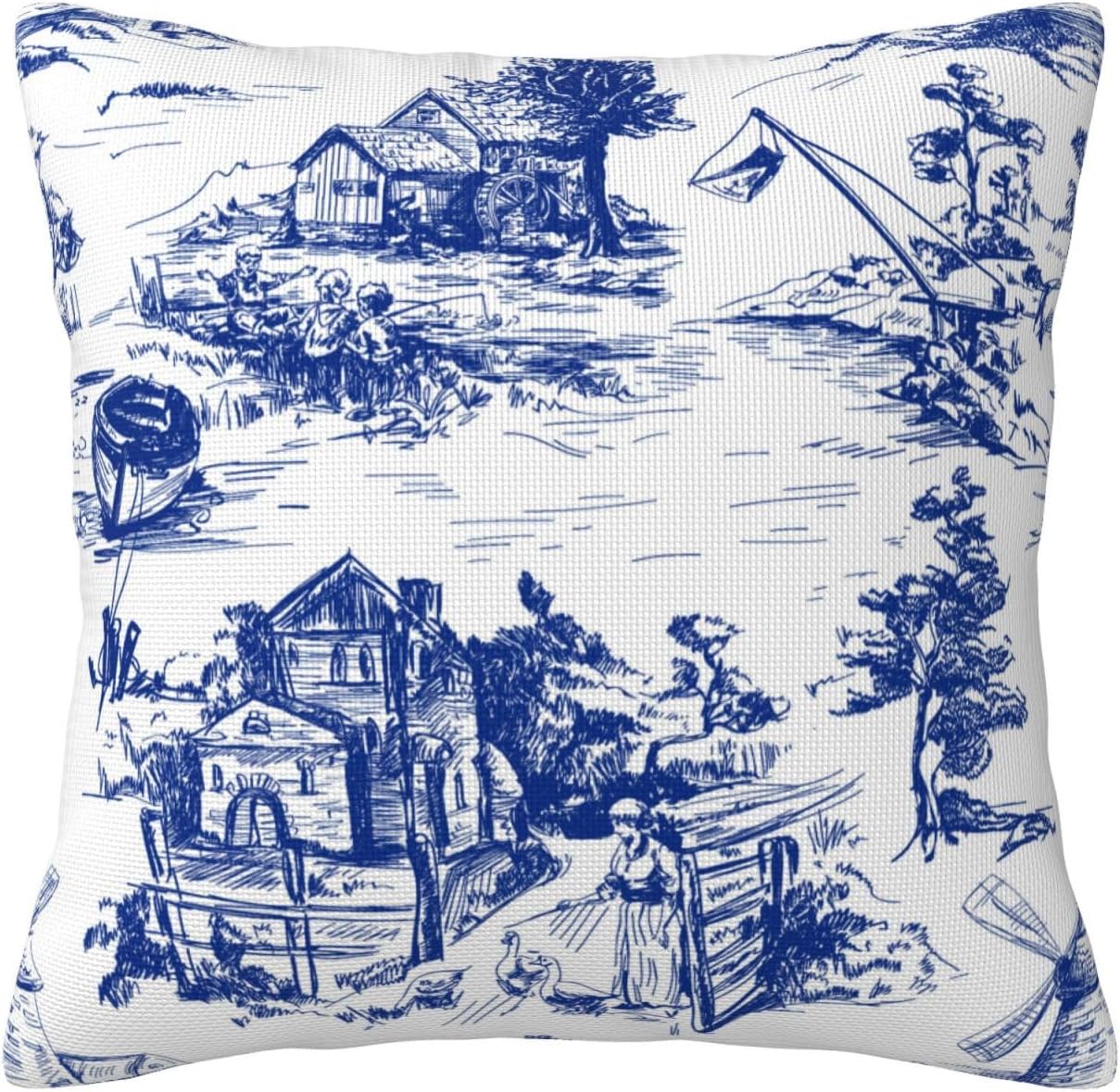Fundas de almohada Toile, funda de almohada azul Toile, decoración de campo francés, funda de almohada azul y blanca, fundas de almohada de lino