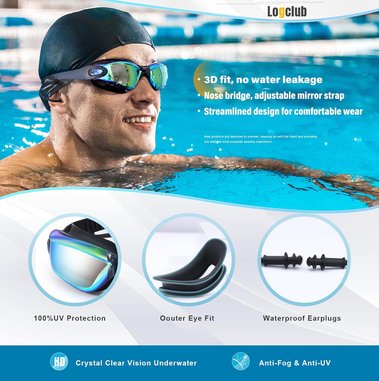 logclub Swim Goggles for Men Women – Adult Swimming Goggles Anti Fog UV Protection No Leak with Ear Plugs