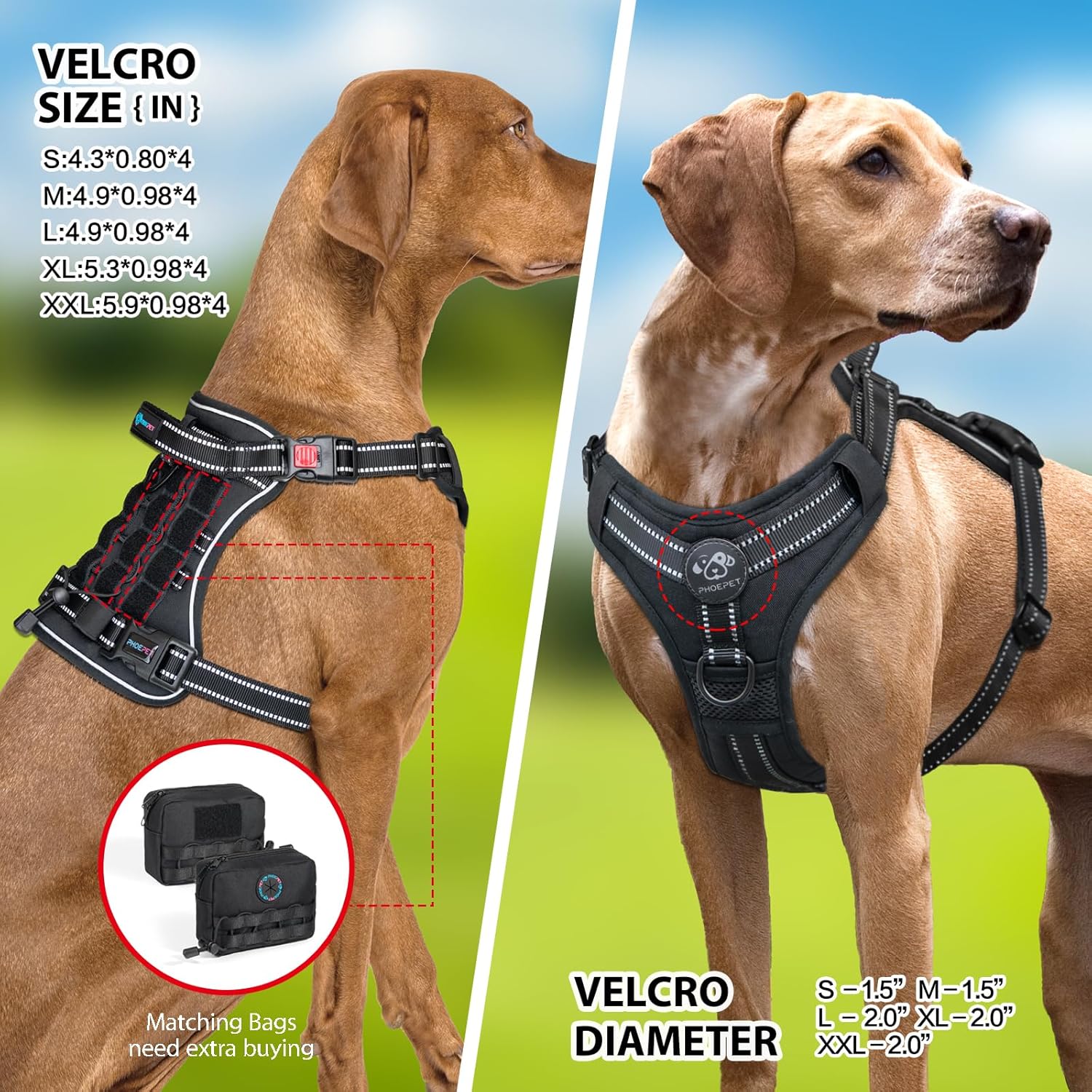 PHOEPET Arnés táctico sin tirones para perro, chaleco de servicio con paneles Molle y bucle, fácil control con asa para perros grandes (negro, XL)