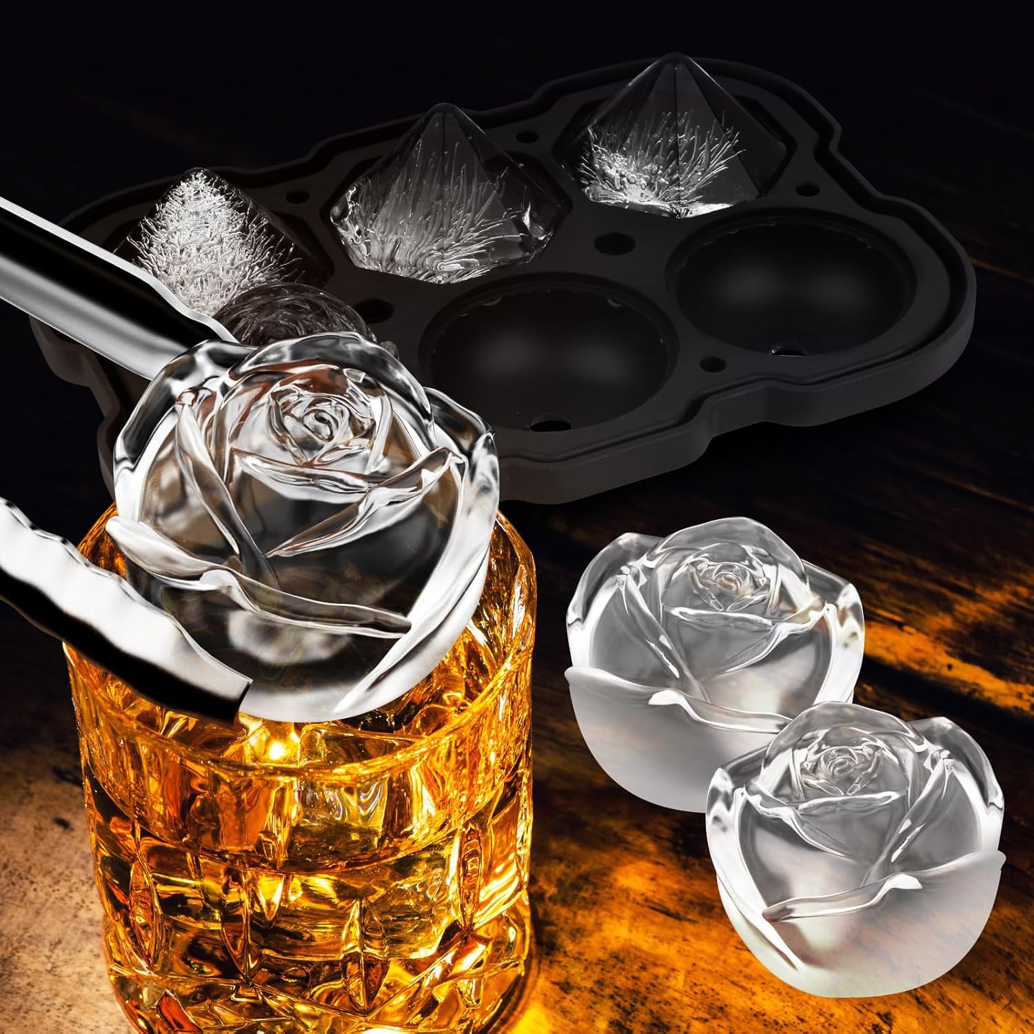 ELESTONE Bandejas grandes para cubitos de hielo, paquete de 2, bandejas para cubitos de hielo para congelador, moldes de diamantes y rosas fáciles