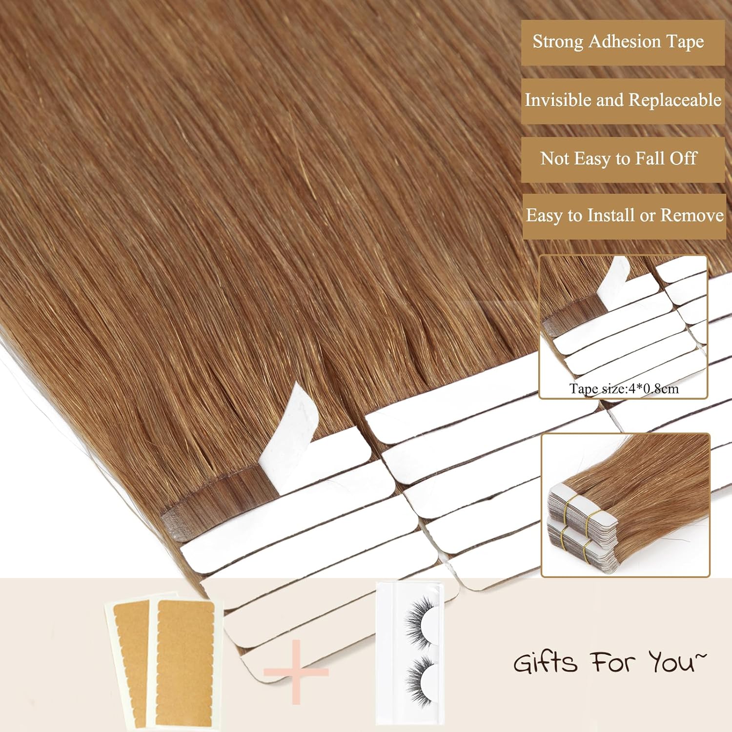 Loxxy Extensiones de cabello humano real Remy con cinta adhesiva, natural, sedoso, lacio, invisible, de doble cara, reutilizable, trama de piel,