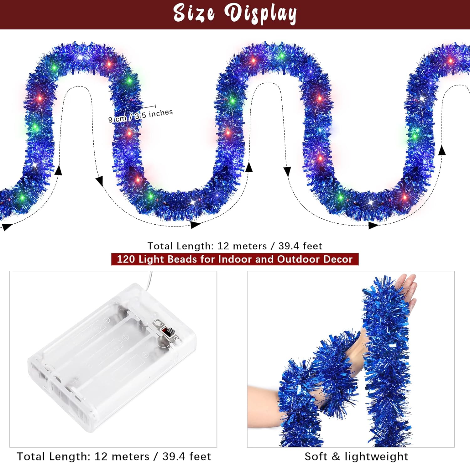 Fovths Guirnalda de oropel de Navidad de 39.4 pies con 120 luces LED, guirnalda de oropel colgante para decoración de árbol de Navidad, azul rey
