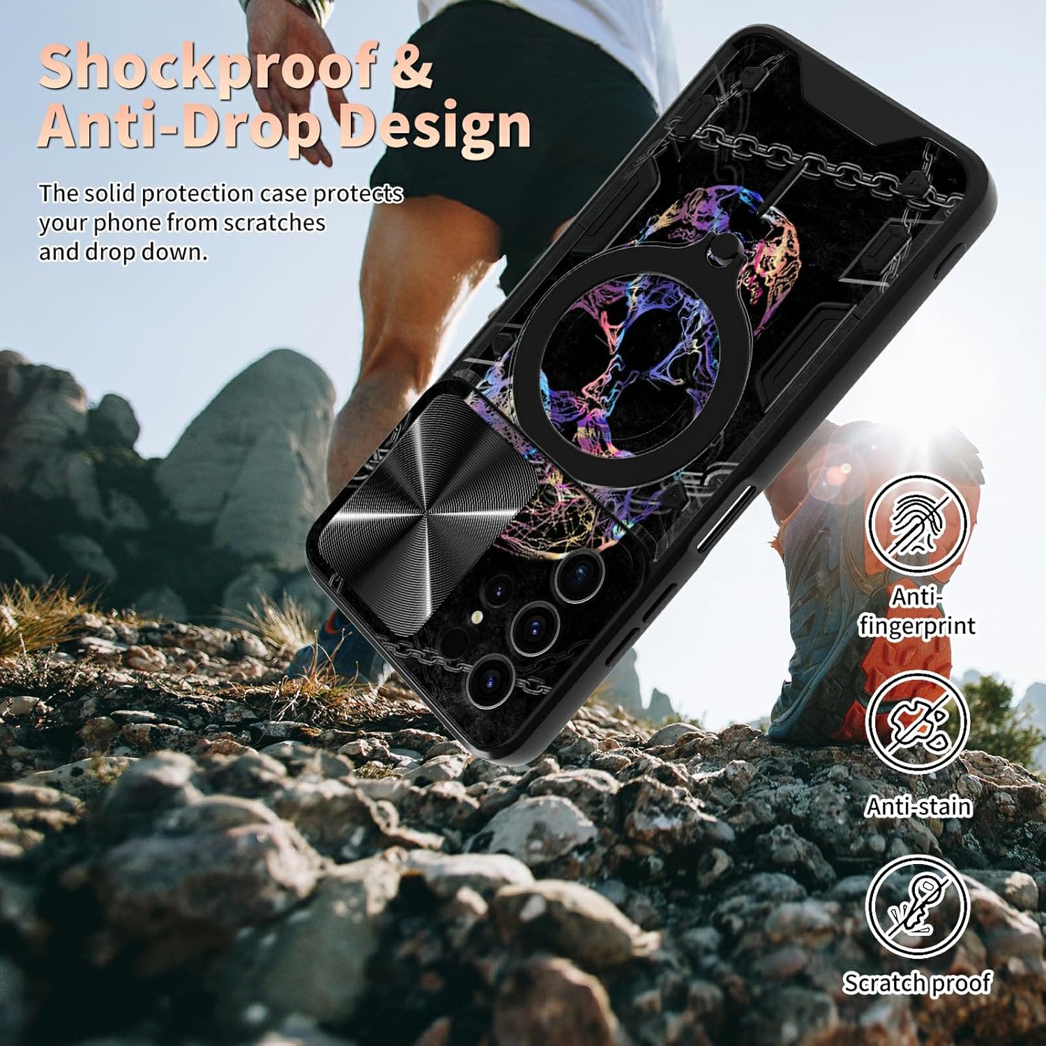 Funda para Samsung Galaxy S22 Ultra Kickstand con protector de pantalla, cubierta deslizante para cámara integrada con soporte de anillo giratorio