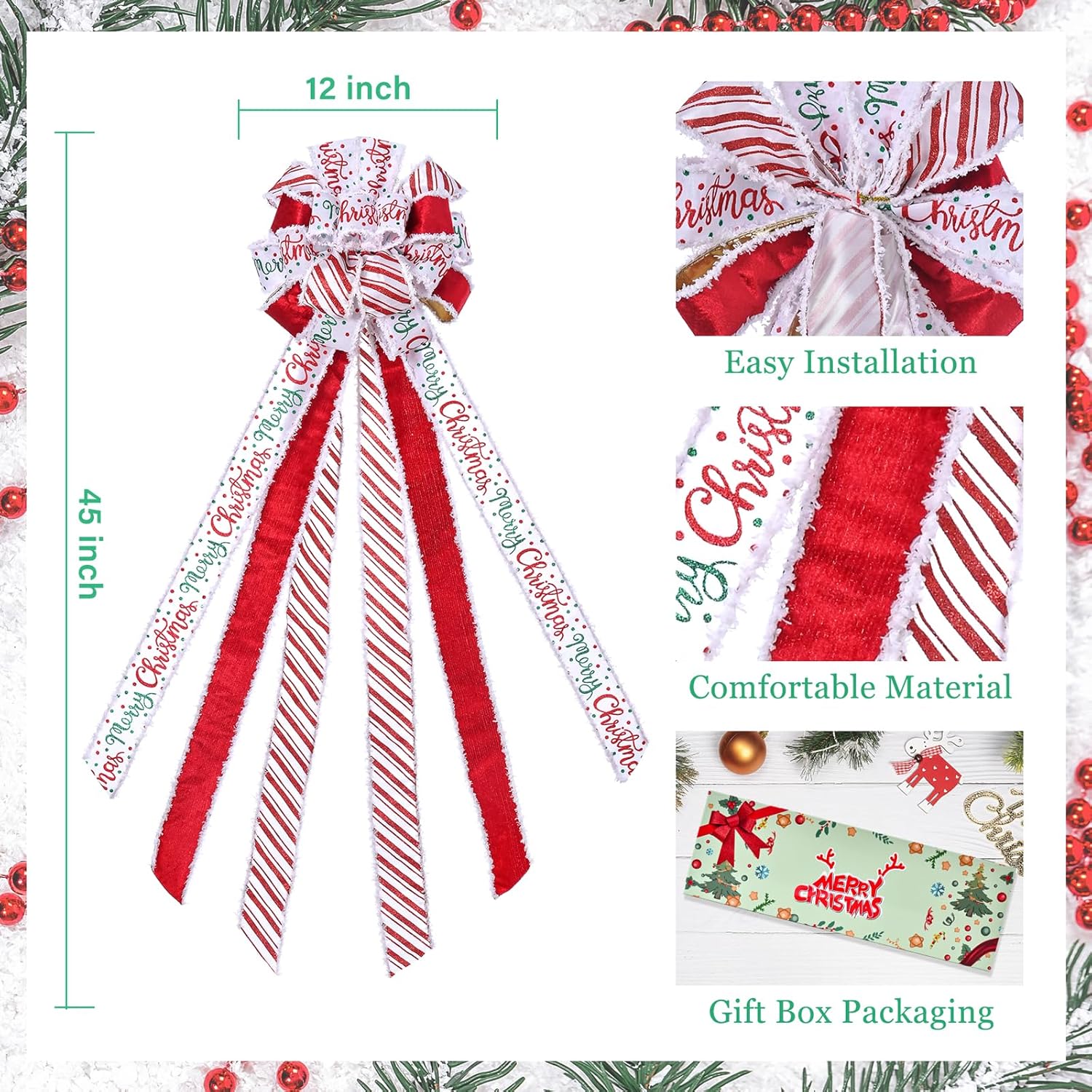 Decoración para árbol de Navidad, lazo de corona de Navidad, 45 x 12 pulgadas, arpillera grande con borde de poliéster blanco y rojo, lazo de regalo