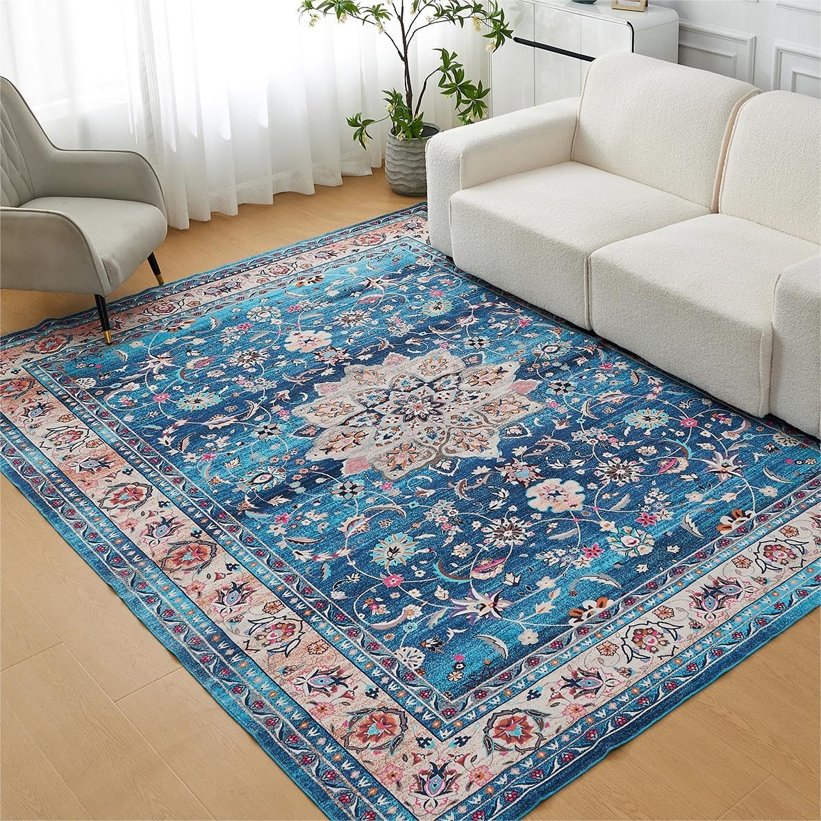 INGEROOM Alfombra vintage lavable a máquina para dormitorio, sala de estar, 5 x 7, alfombra bohemia suave y lavable a máquina para dormitorio, sala