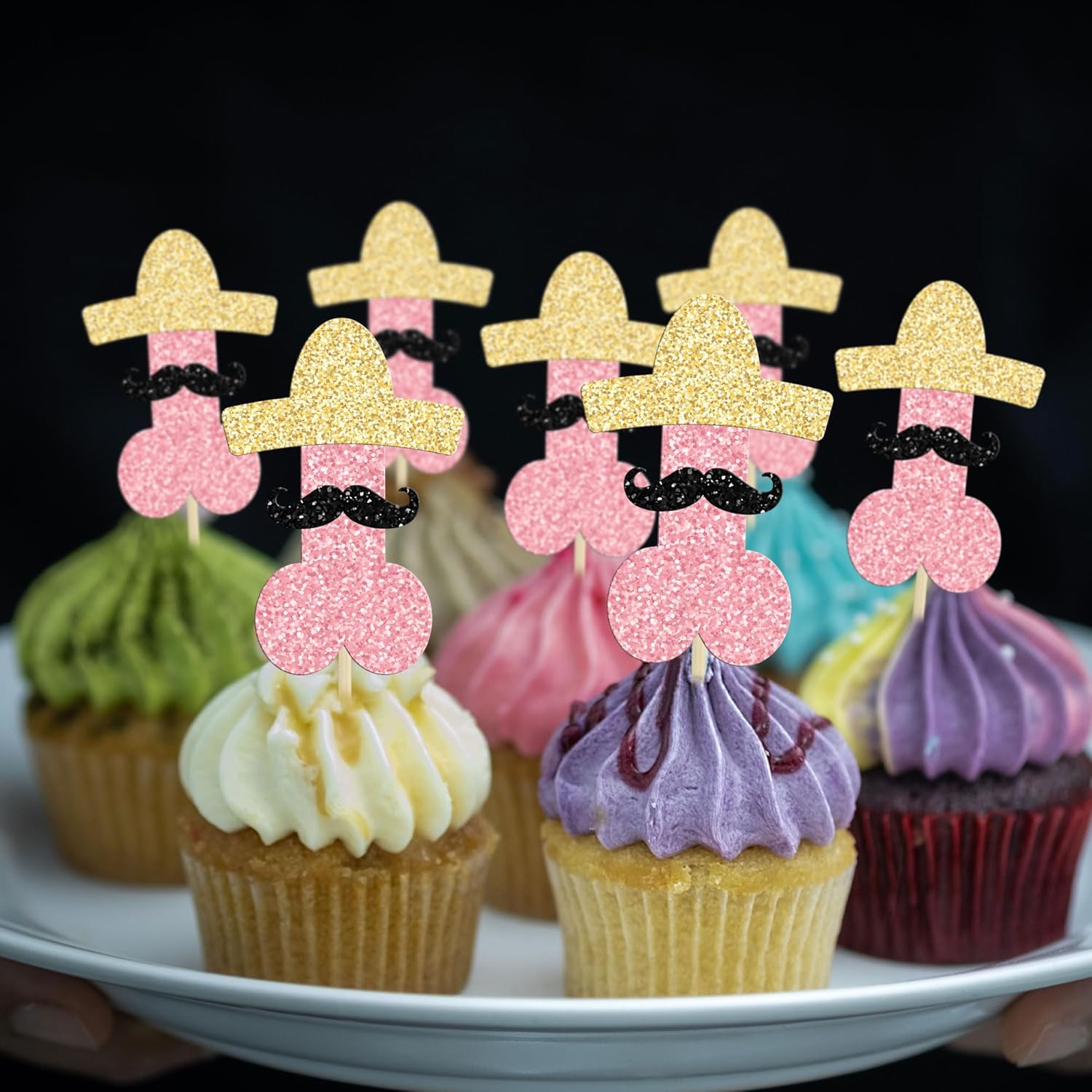 Gyufise 24 adornos para cupcakes con sombrero, barba, brillantina, para cupcakes, despedidas de soltera, decoraciones divertidas para tartas, bodas,