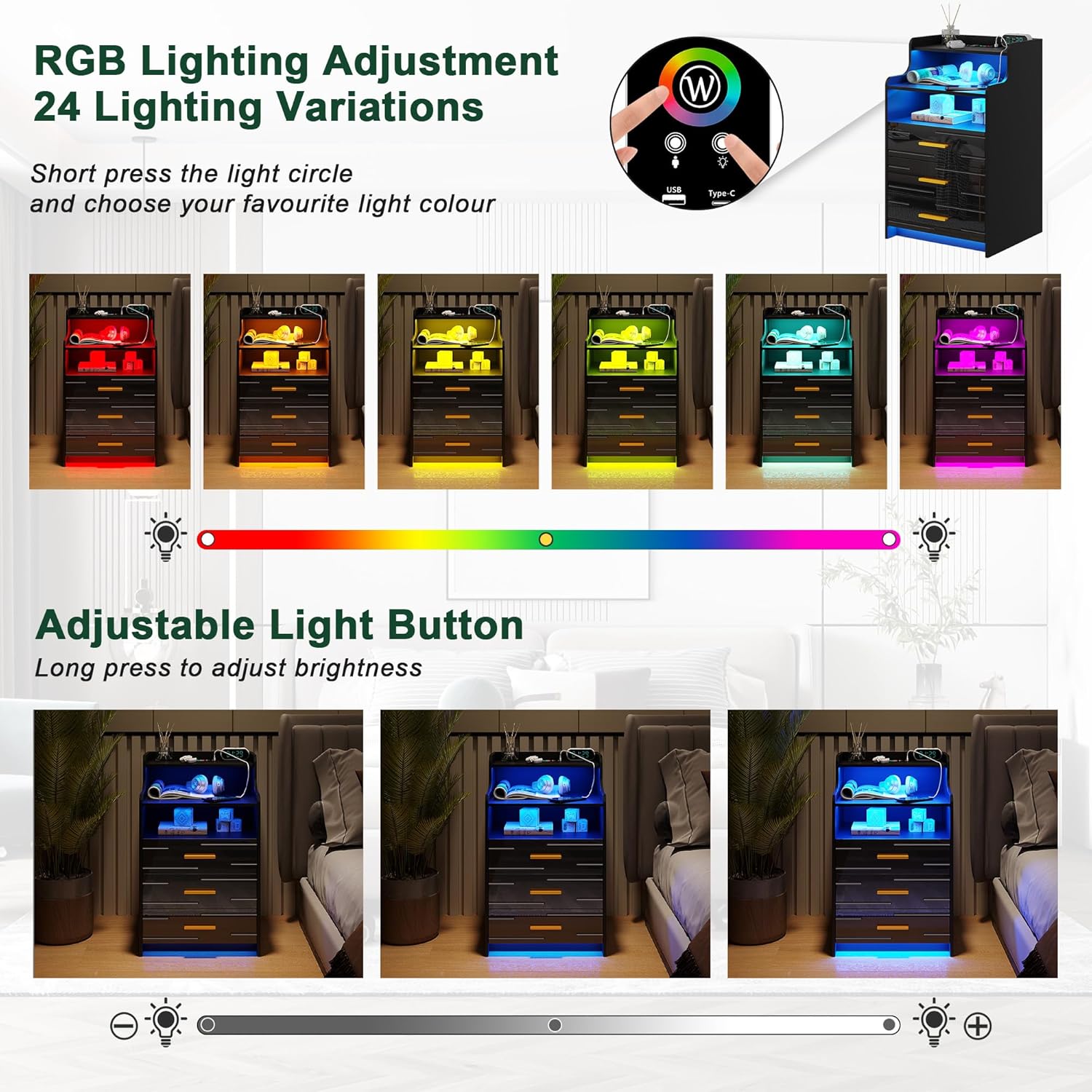 HNEBC Mesita de noche LED RGB con estación de carga, mesita de noche negra con 3 cajones, mesita de noche inteligente con puertos de carga