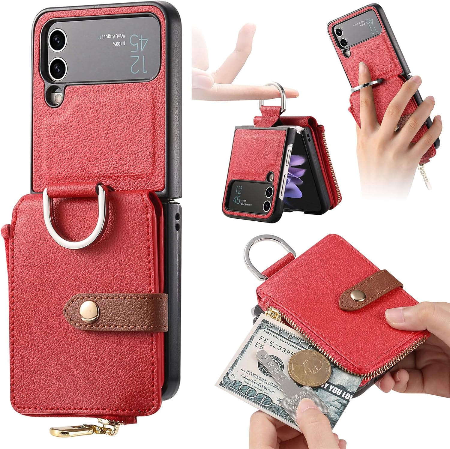 Asuwish Compatible con Samsung Galaxy Z Flip 3 5G 2021 – Funda tipo cartera y ranura para tarjetas, anillo con cierre magnético, a prueba de golpes,