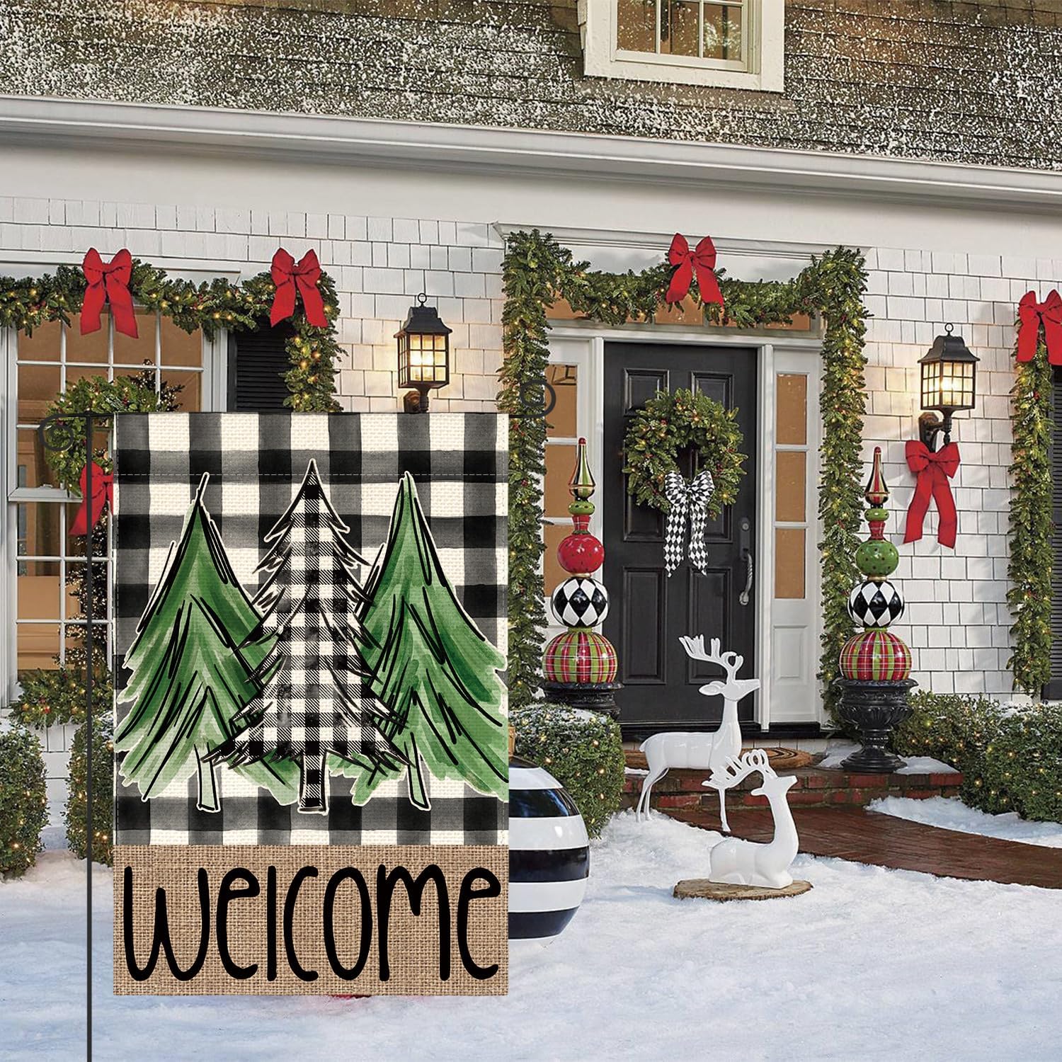AVOIN colorlife Bandera de jardín para árbol de Navidad a cuadros de búfalo de 12 x 18 pulgadas, doble cara exterior, bandera decorativa para