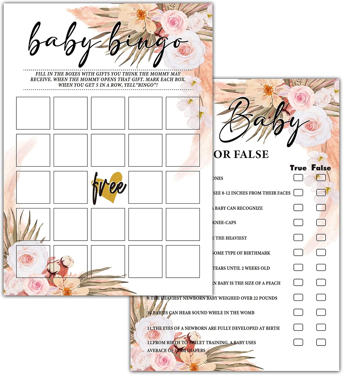 ISOVF 30 juegos de baby shower florales bohemios con 1 tarjeta de respuesta (5 x 7 pulgadas), 2 juegos de doble cara – Oh Baby True o False & Baby