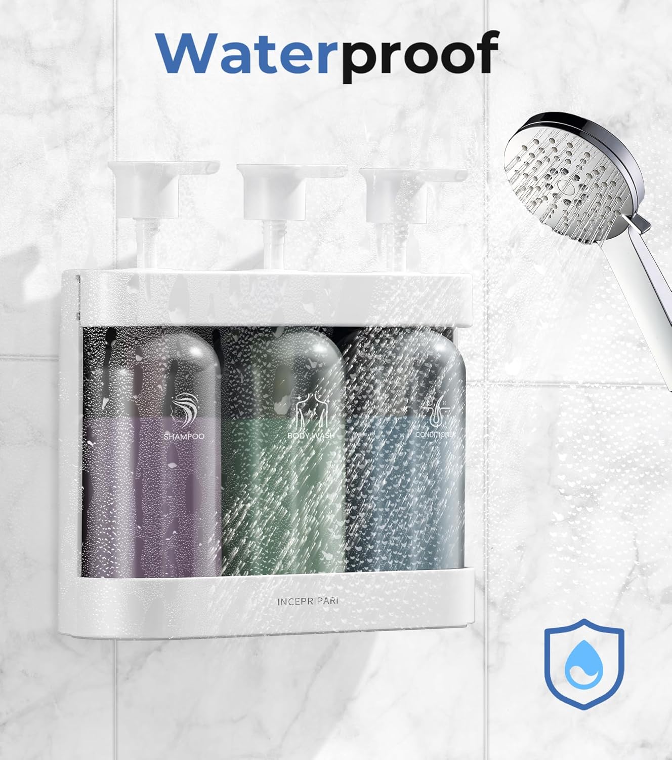 Dispensador de champú para ducha montado en la pared, dispensador de jabón de ducha de 3 cámaras sin taladro, 3 botellas recargables de 12.85 onzas