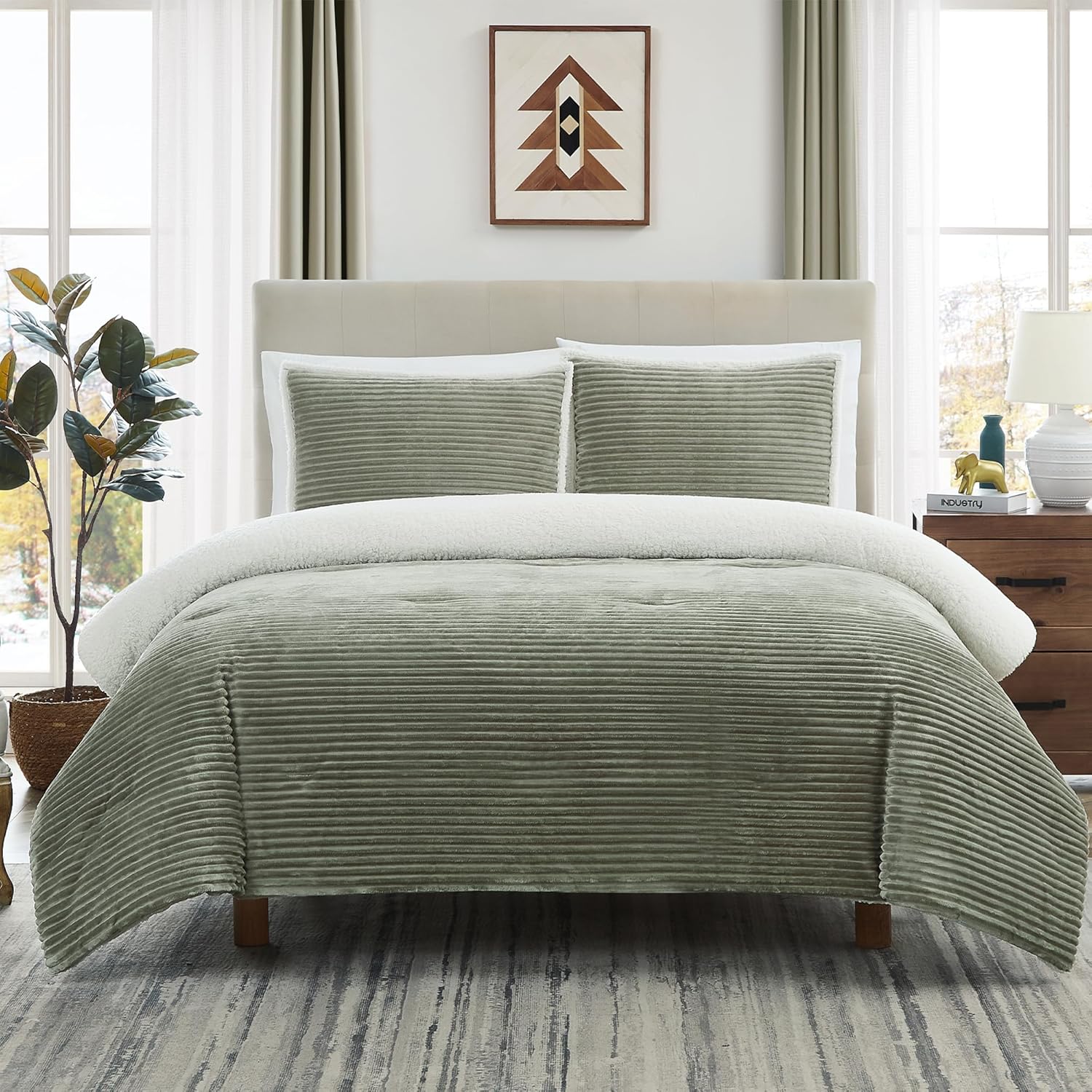 Geniospin Juego de edredón tamaño individual, juego de ropa de cama de forro polar sherpa de microfelpa ultrasuave, color verde salvia, juego de