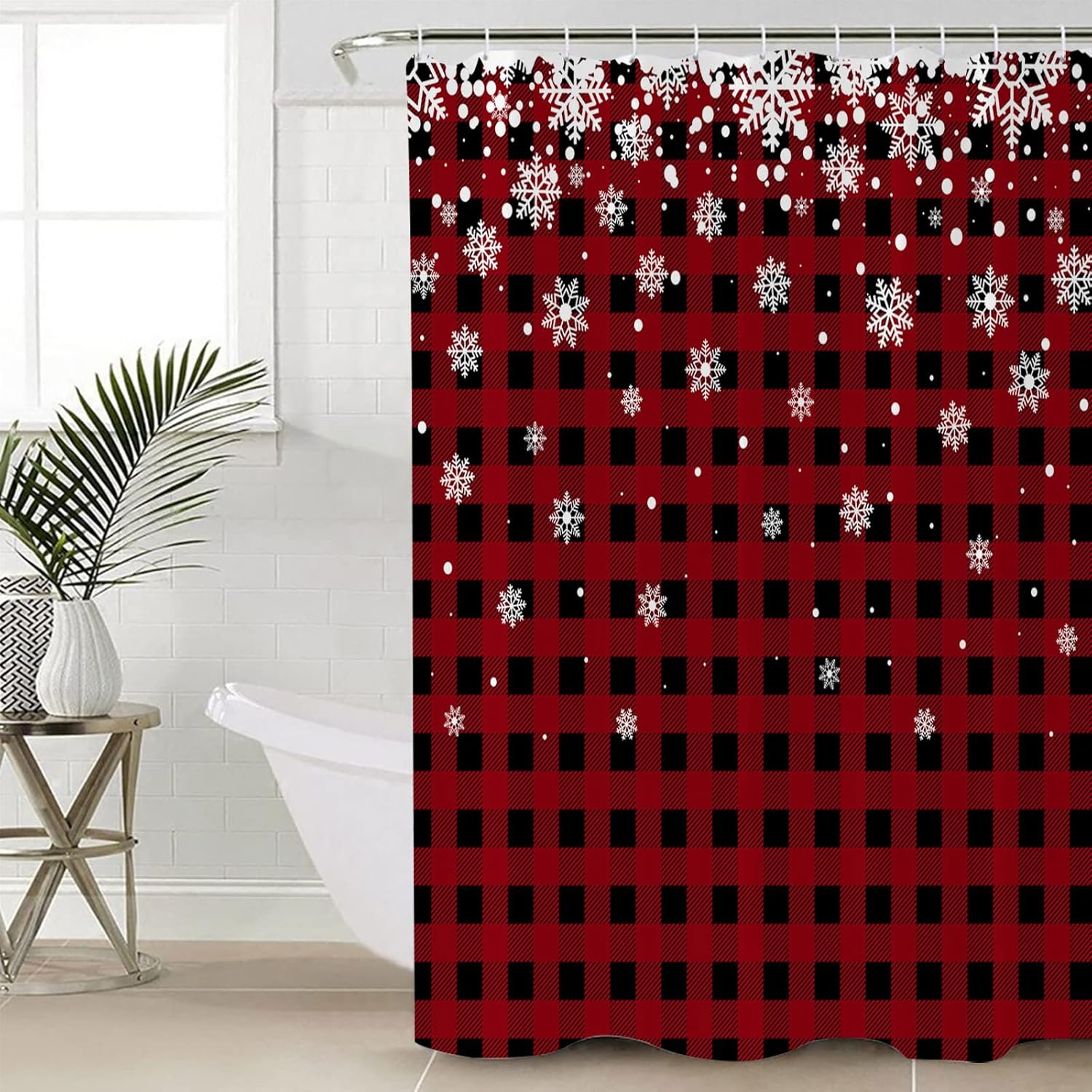 Cortina de ducha de Navidad para baño, diseño de copos de nieve blanco sobre cuadros negros y rojos, juego de cortina de ducha impermeable con 12