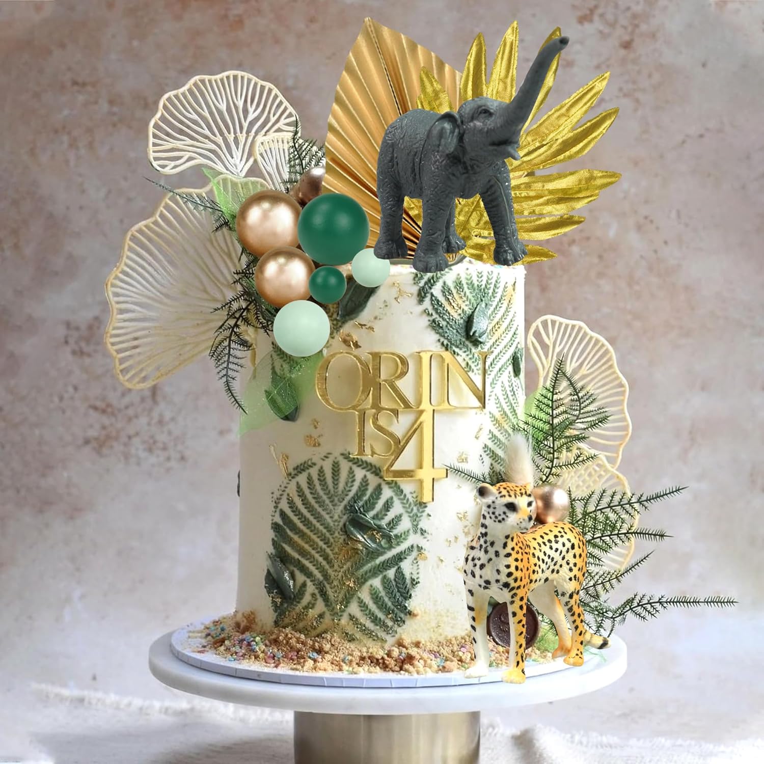 26 piezas de animales de la selva para tartas de animales de safari, figuras de animales dorados, palmas doradas, decoración de pasteles de animales