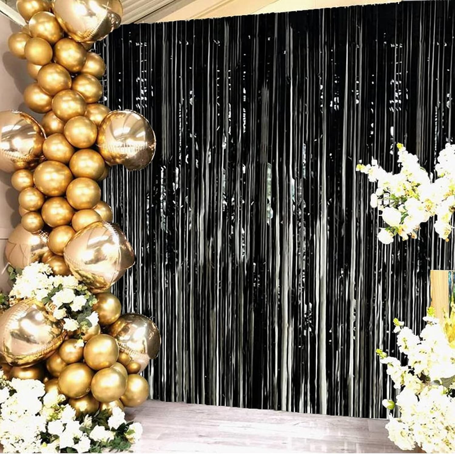 2 cortinas de flecos de oropel negro para decoración de fiestas, cortinas de oropel, telón de fondo de 3.3 pies x 8.3 pies, serpentinas de puerta,