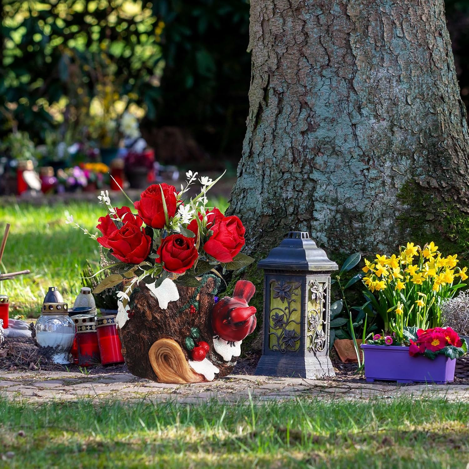 bocola Decoraciones de cementerio para tumba, jarrón de resina con rosa artificial roja de seda para decoración de tumbas, estaca de jardín