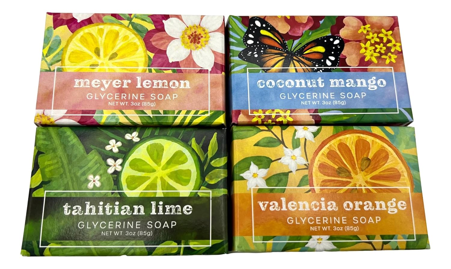 Greenwich Bay Trading Co., Fresh Fruit Collection, juego de 4 jabones de glicerina, 3 onzas cada uno mango de coco, limón Meyer, lima tahitiana y