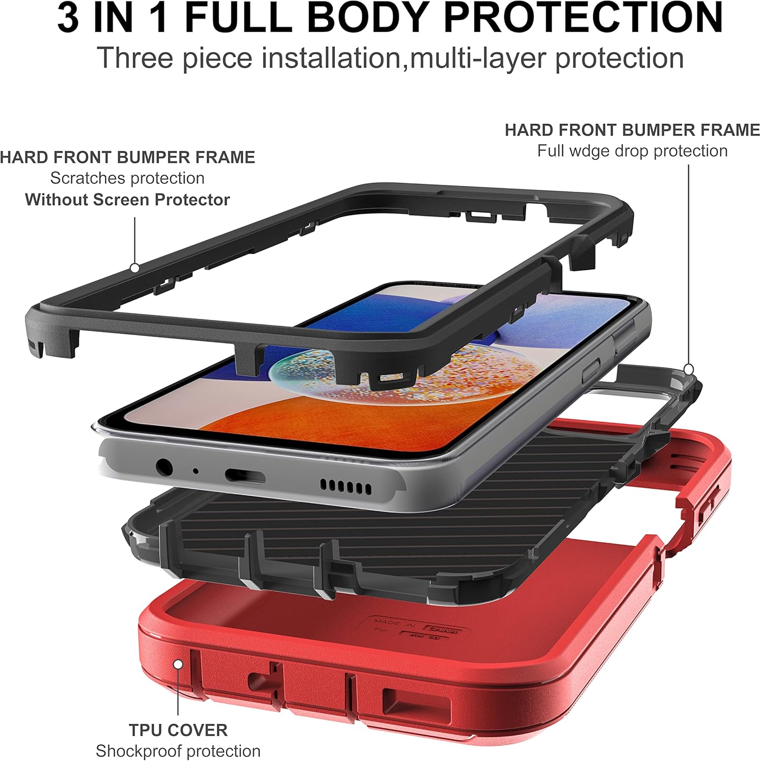Funda para Samsung Galaxy A14 5G, 3 en 1, protección resistente a prueba de golpes con 2 protectores de pantalla de vidrio templado, (rojonegro)