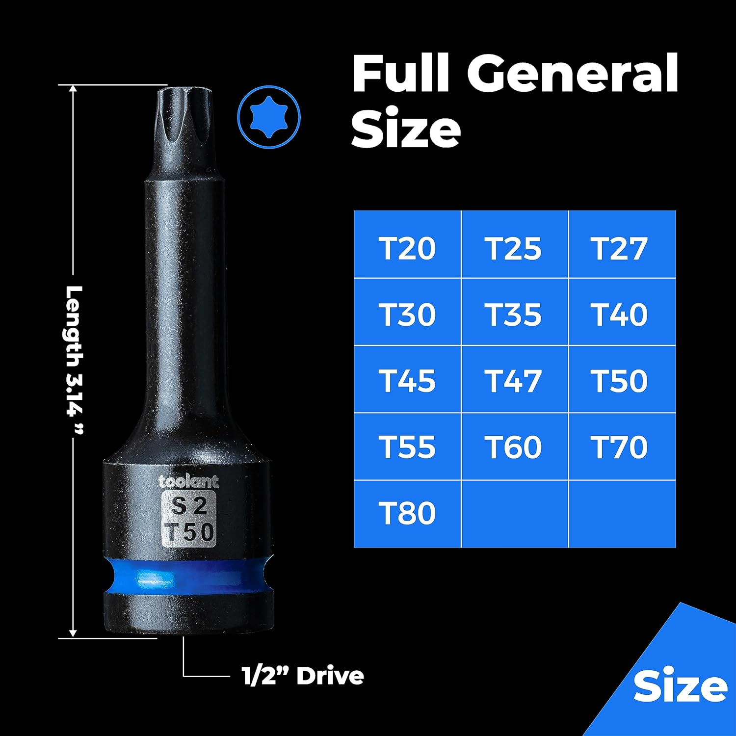 toolant Torx T27 – Juego de 2 llaves de vaso de impacto S2 de acero de 12 pulgada, puntas largas de alto impacto, juego de llaves profesionales y