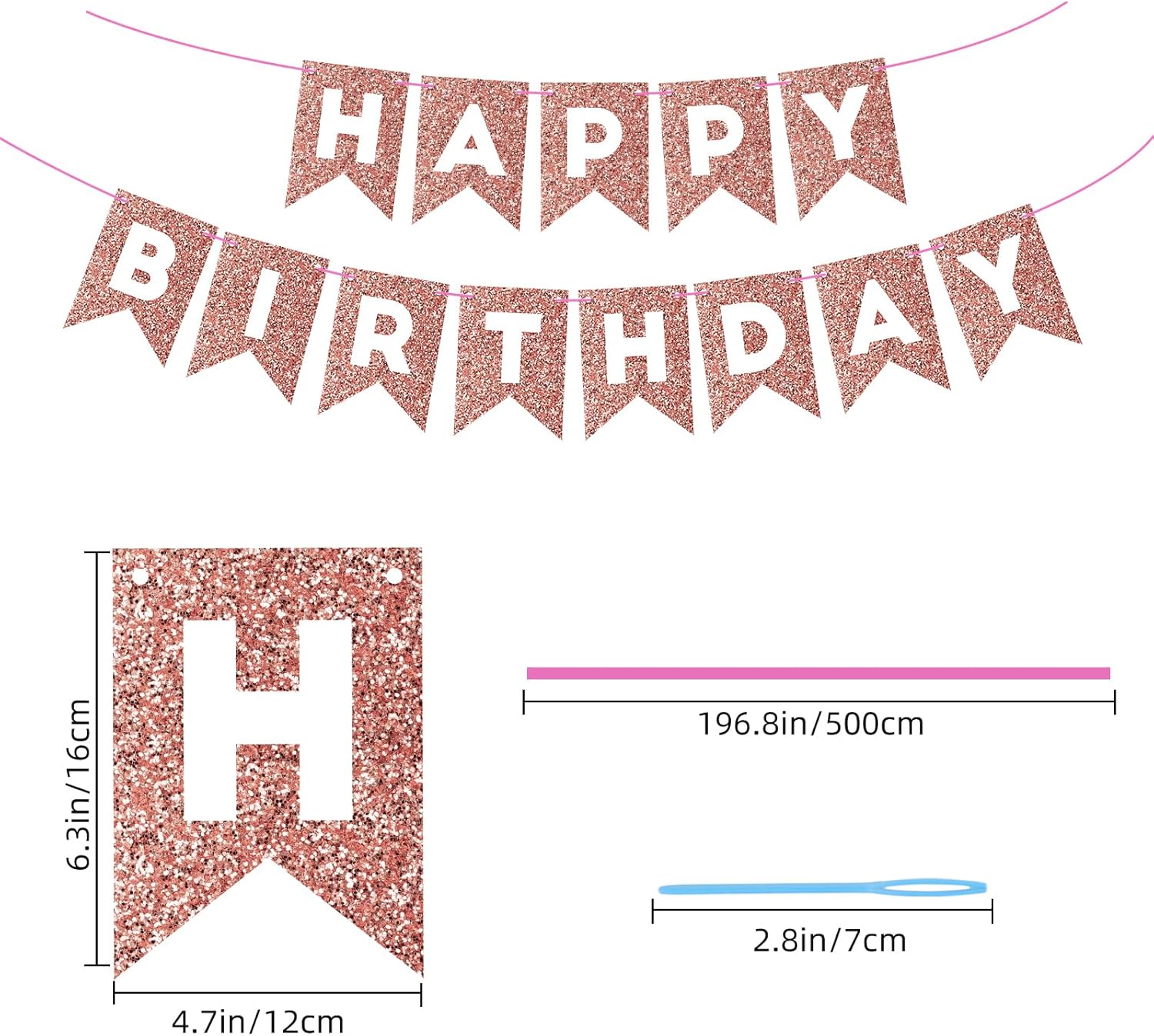 Cartel de feliz cumpleaños de oro rosa con purpurina para telón de fondo, decoraciones de cumpleaños de oro rosa, guirnalda de banderines para