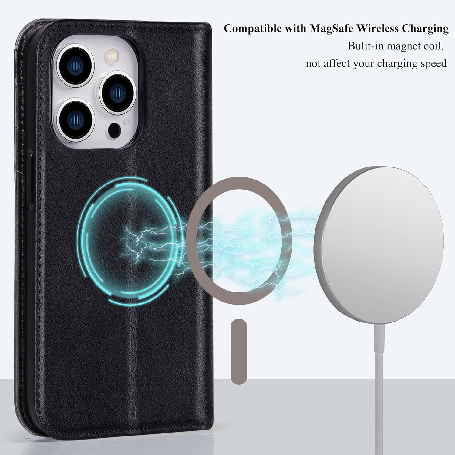 VISOUL Funda de piel auténtica compatible con el teléfono 15 Pro, funda magnética con tapa y soporte para tarjetas para mujeres y hombres, funda