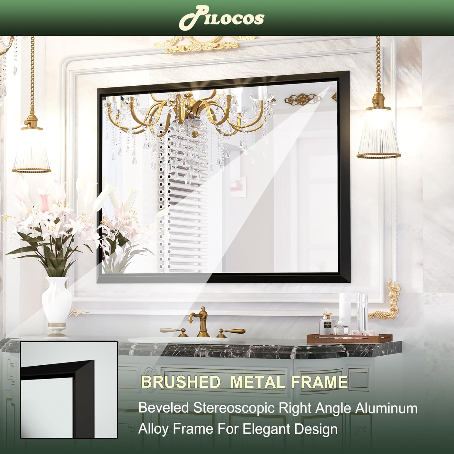 Espejo de baño con marco negro de 36 x 30 pulgadas para pared, espejo rectangular de tocador de baño, espejo de pared negro mate con marco biselado