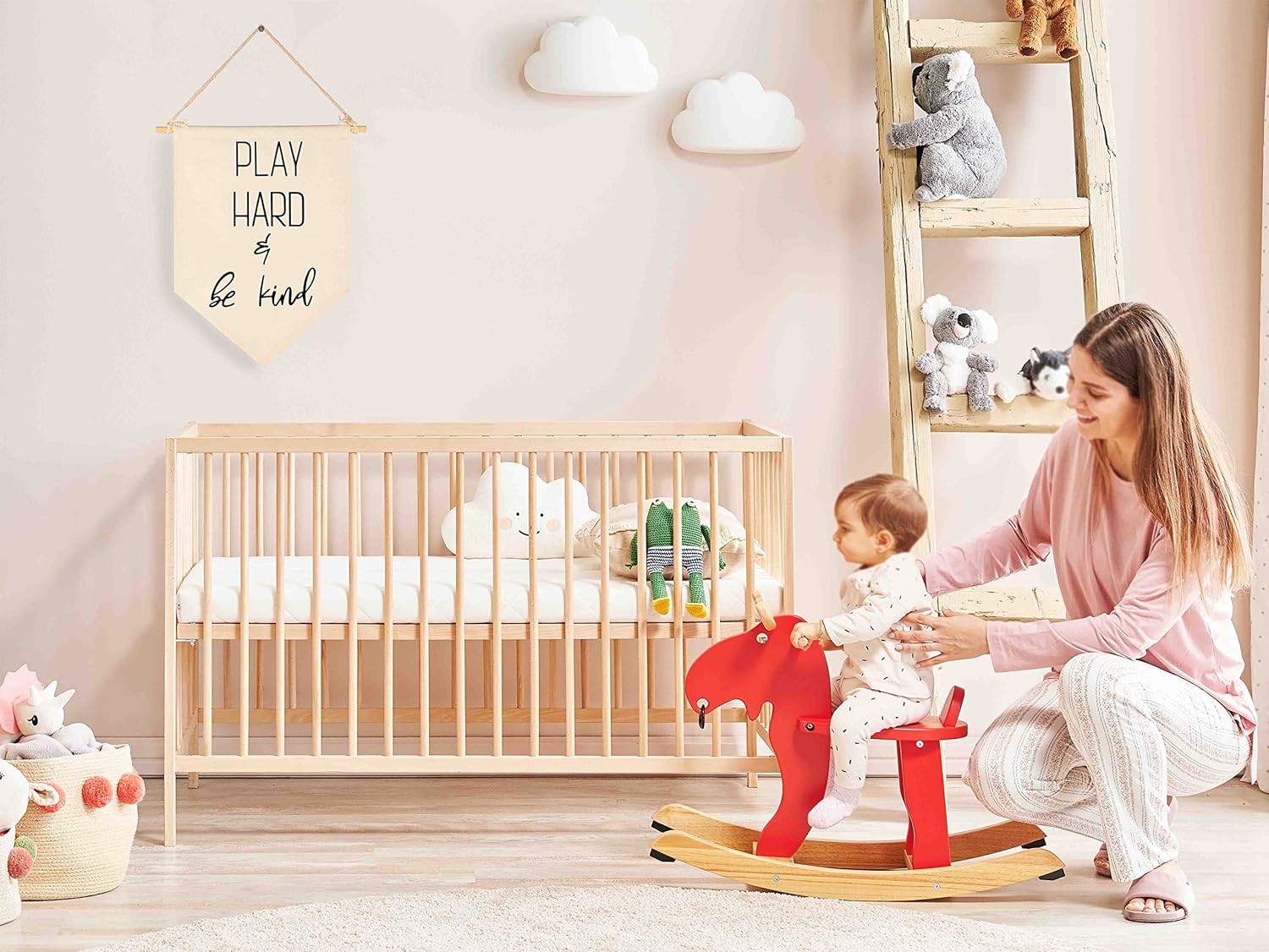 Decoración para habitación de niños con texto en inglés “Play Hard and be Kind”, banderín colgante de lona para pared, regalo para guardería,