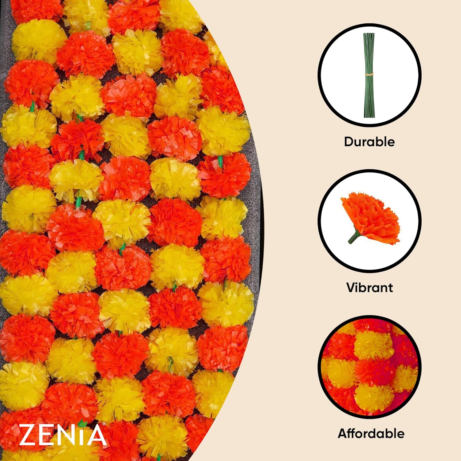 Zenia Creations – Guirnalda de caléndula para decoración, hebras de 4.5 pies de largo (paquete de 5), flores artificiales para decoración india,