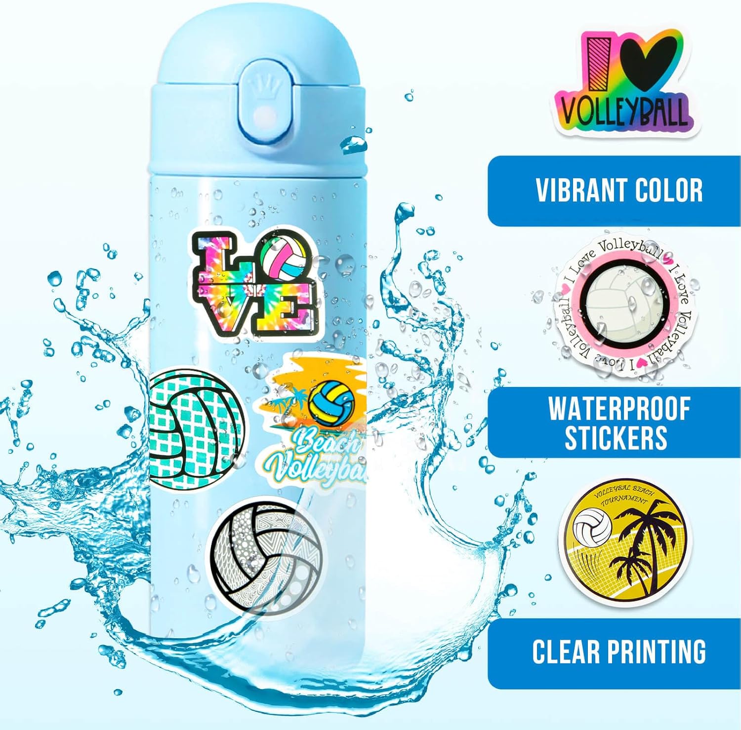 150 calcomanías de voleibol para botellas de agua, impermeables, paquete de calcomanías deportivas de vinilo grandes, regalos de voleibol para