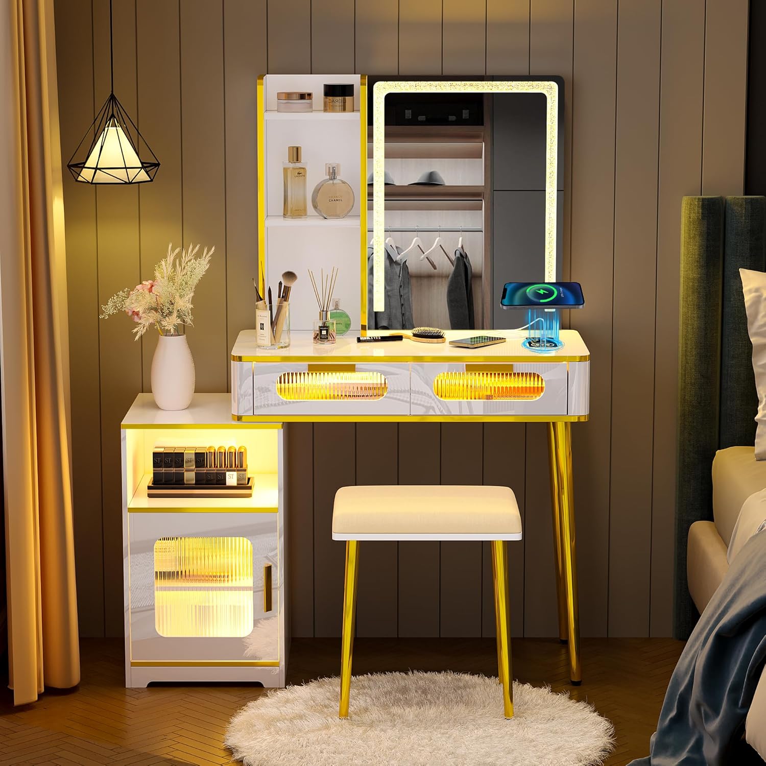 HNEBC Escritorio de tocador con espejo y luces, juego de tocador blanco con USB B & tipo C y carga inalámbrica, tocador de maquillaje con