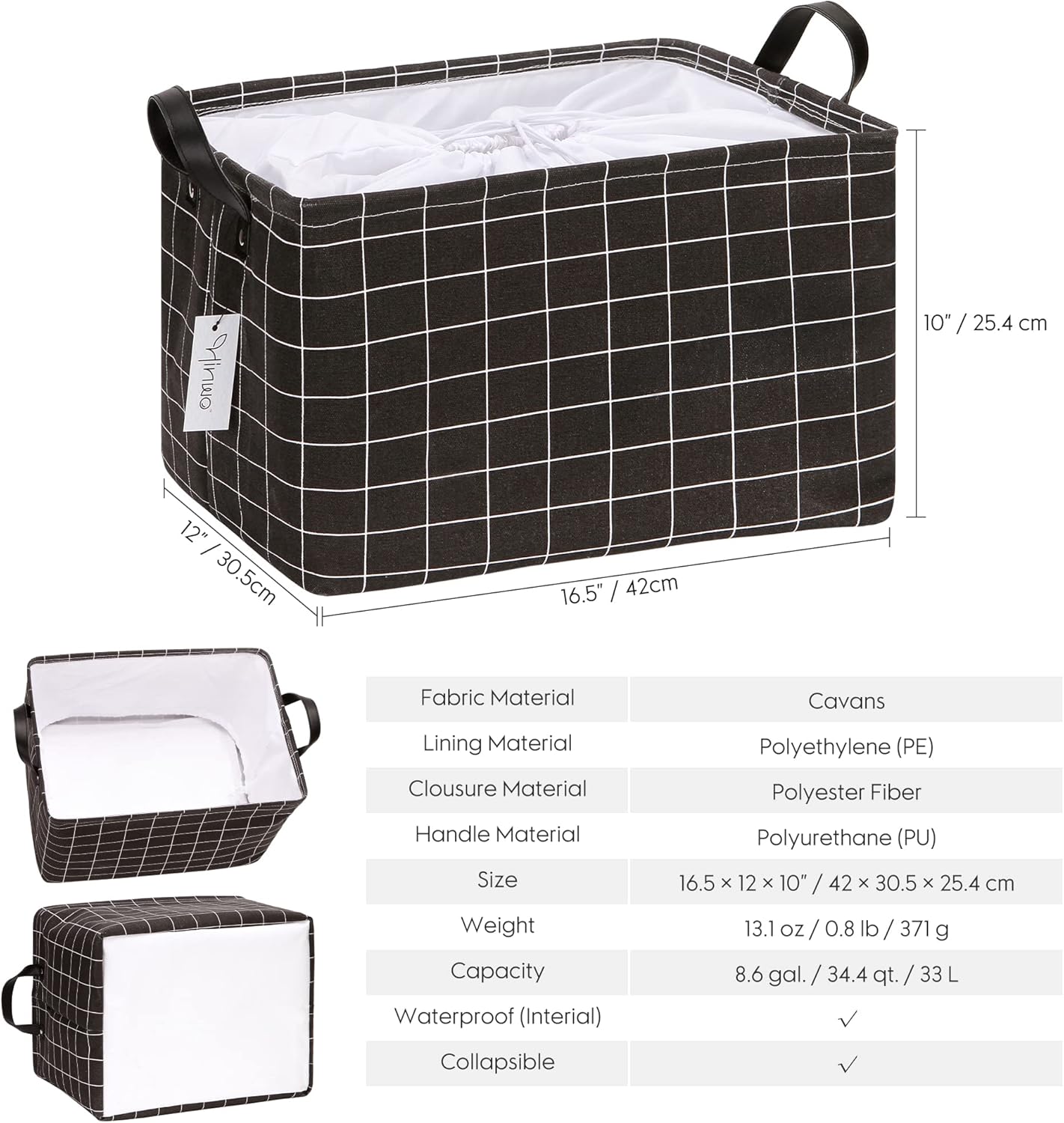 Hinwo Cesta de almacenamiento grande de tela de lona con asas, contenedor rectangular de 33L8.6 galones, caja de almacenamiento plegable, ropa,