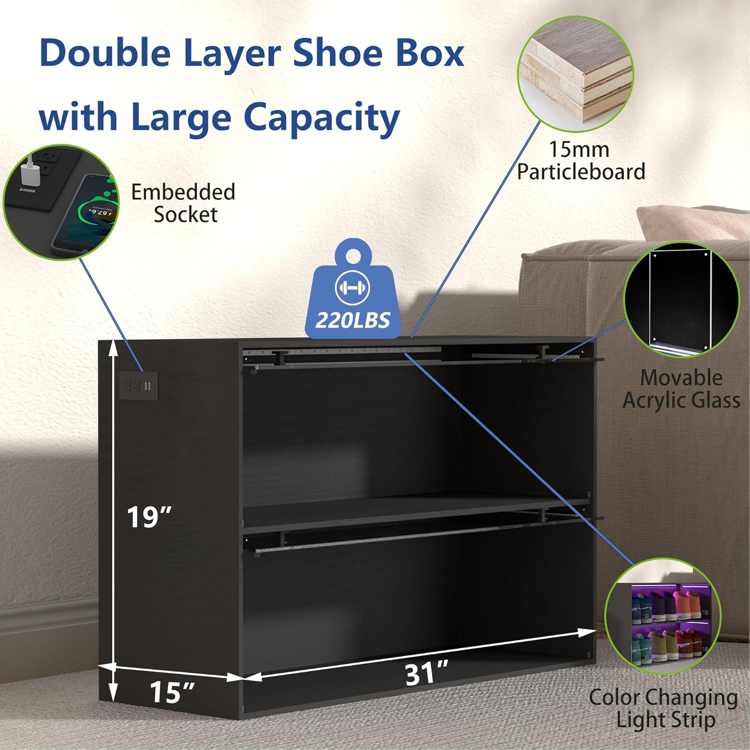 Almacenamiento de zapatos con luces LED para hasta 6 pares de zapatos, color negro, elegante zapatero con puerta de vidrio acrílico, cajas de