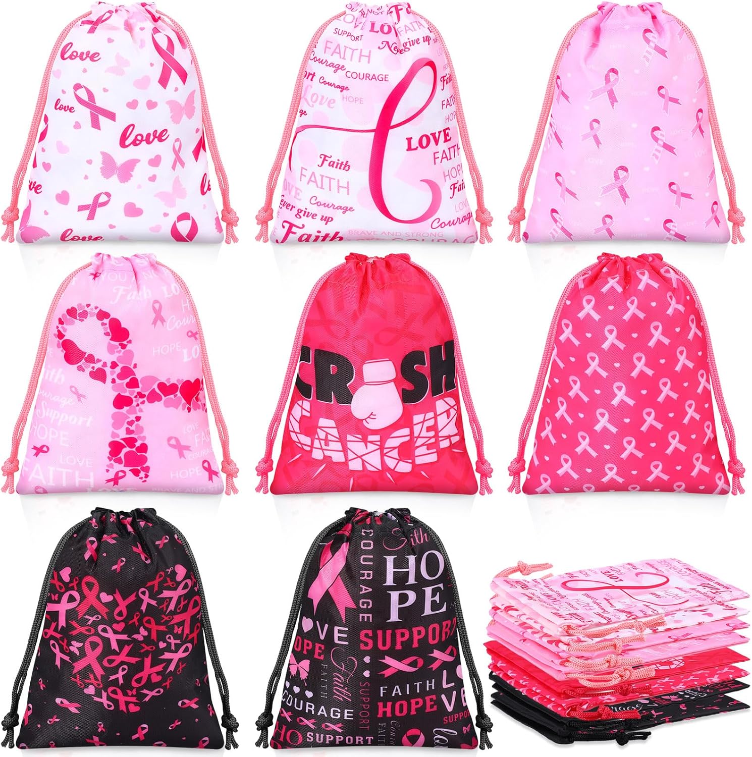 24 bolsas de cáncer de mama de 5 x 7 pulgadas, bolsa de cinta rosa con cordón, bolsa de regalo para concientización sobre el cáncer de mama, bolsa