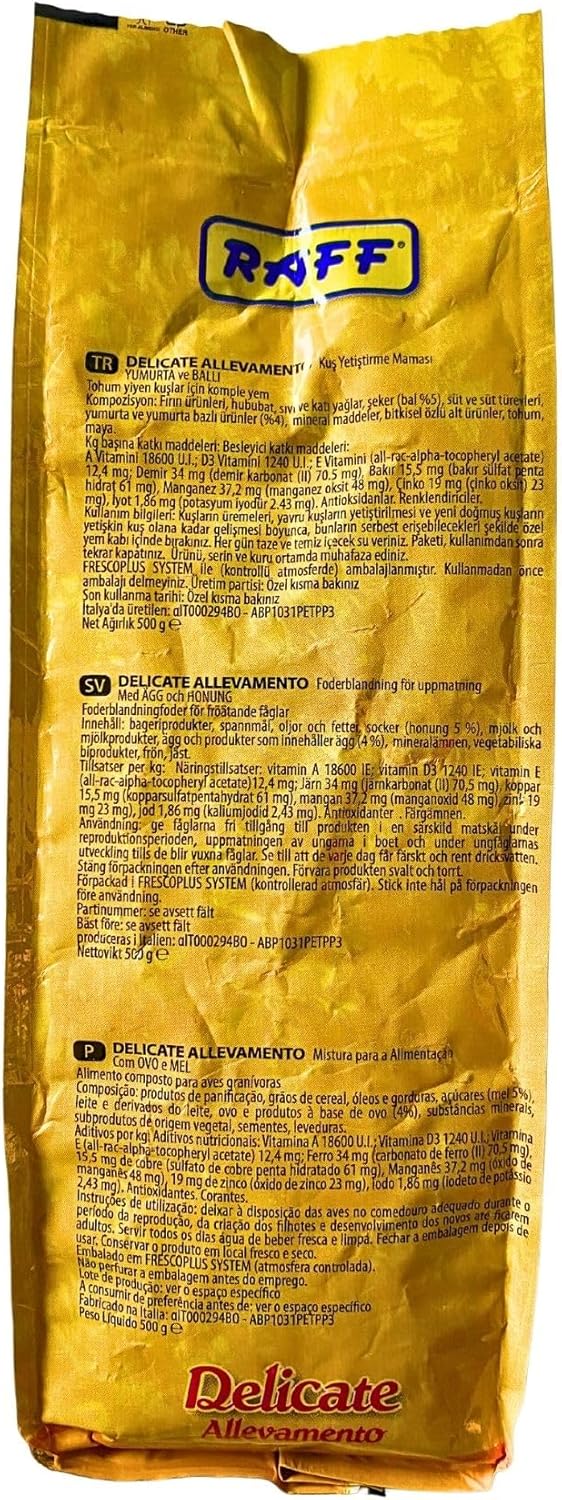 Raff Delicado Allevamento 17.64 oz – Golosinas de huevo y pasta de miel para pájaros pinzones, periquitos, cacatúas, pájaros enamorados, canarios –