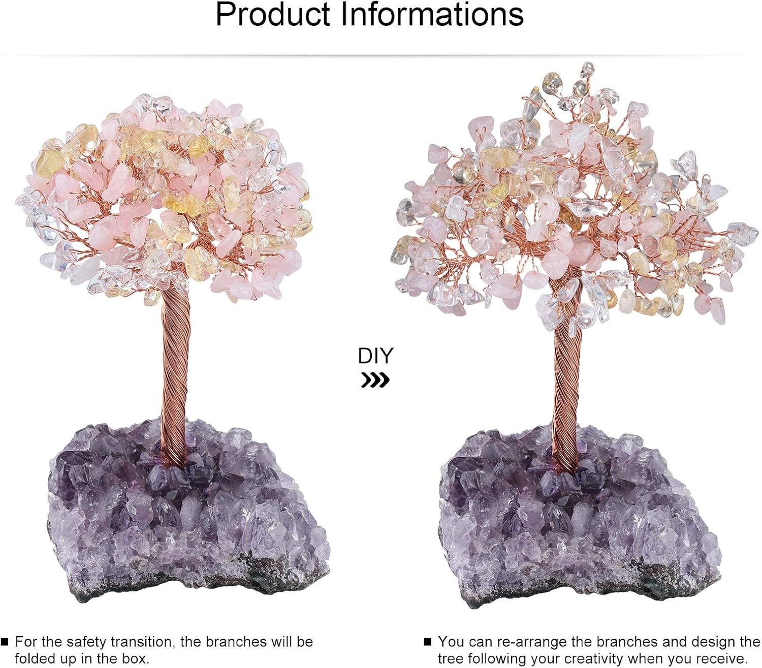 Yatming – Árbol de piedra curativa de cuarzo rosa, cuarzo rocacitrino con base de racimo de geoda de amatista natural, decoración de árbol bonsái de