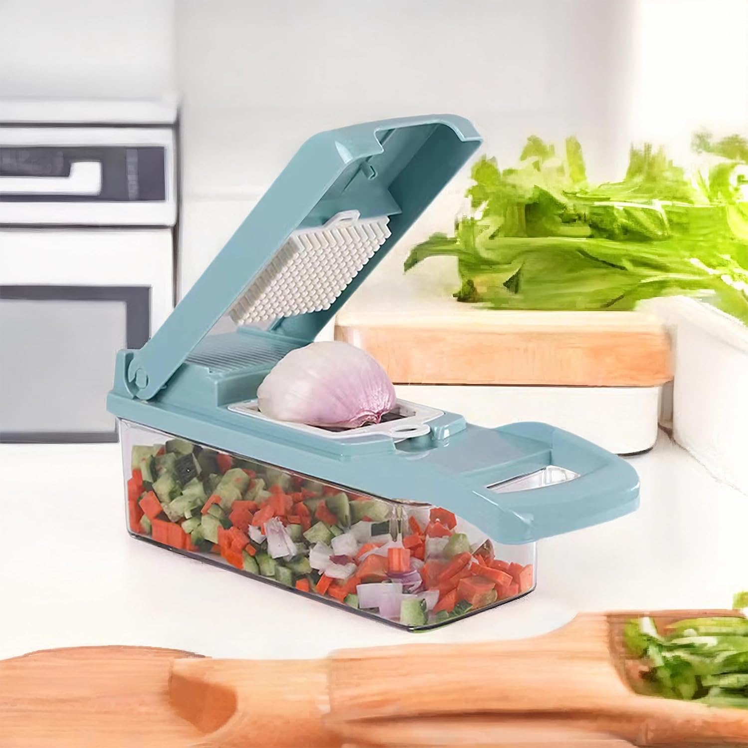 Cortador de verduras definitivo picador multifuncional 14 en 1 con recipiente, rebanar, cortar en dados, espiralizar y rallar para una fácil