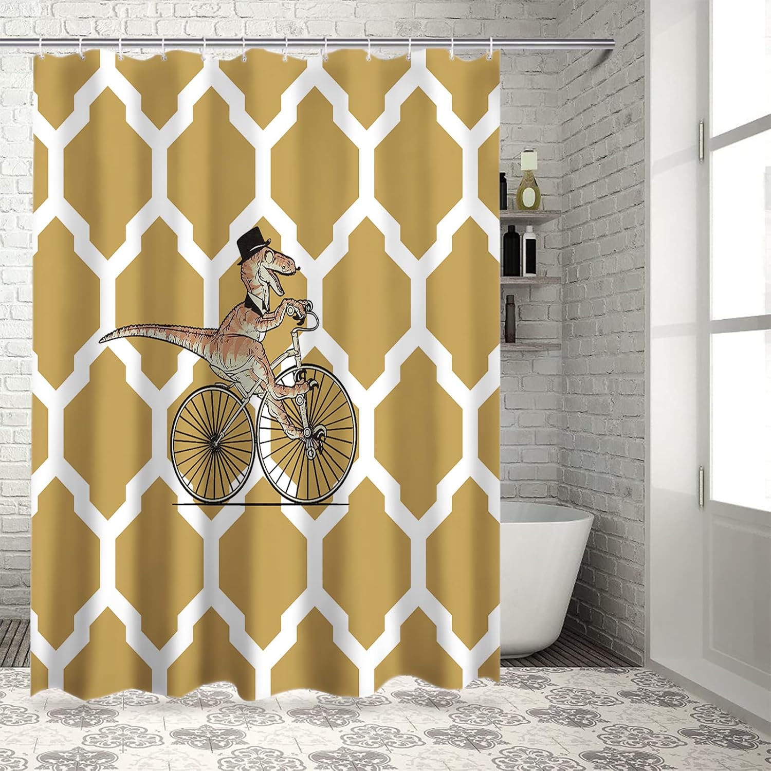 Vandarllin Divertida cortina de ducha con diseño geométrico de dinosaurio para bicicleta, juego de cortinas de ducha para niños con ganchos,