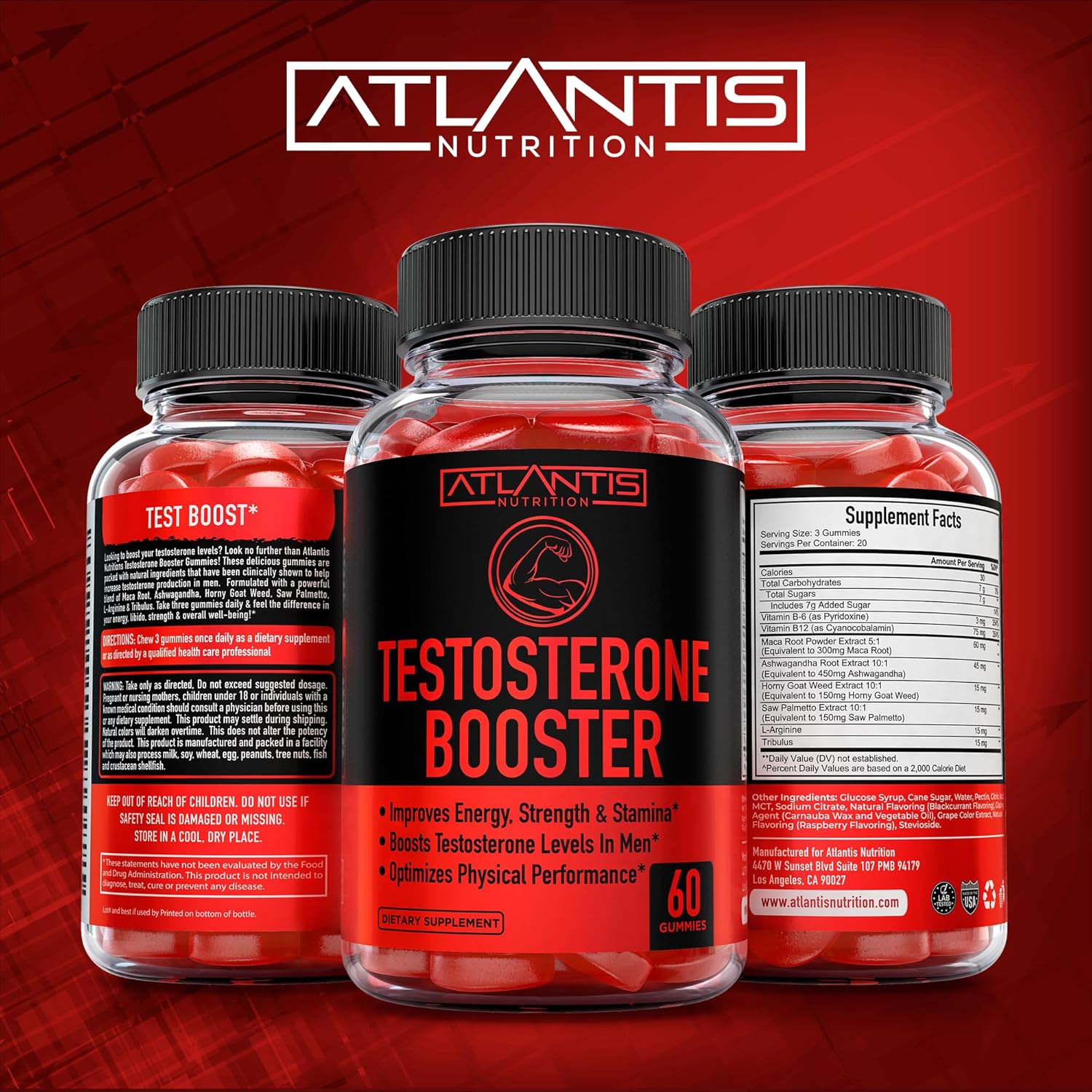 Atlantis Nutrition Supergreens 60 gomitas + refuerzo de testosterona paquete de 2 (120 gomitas)