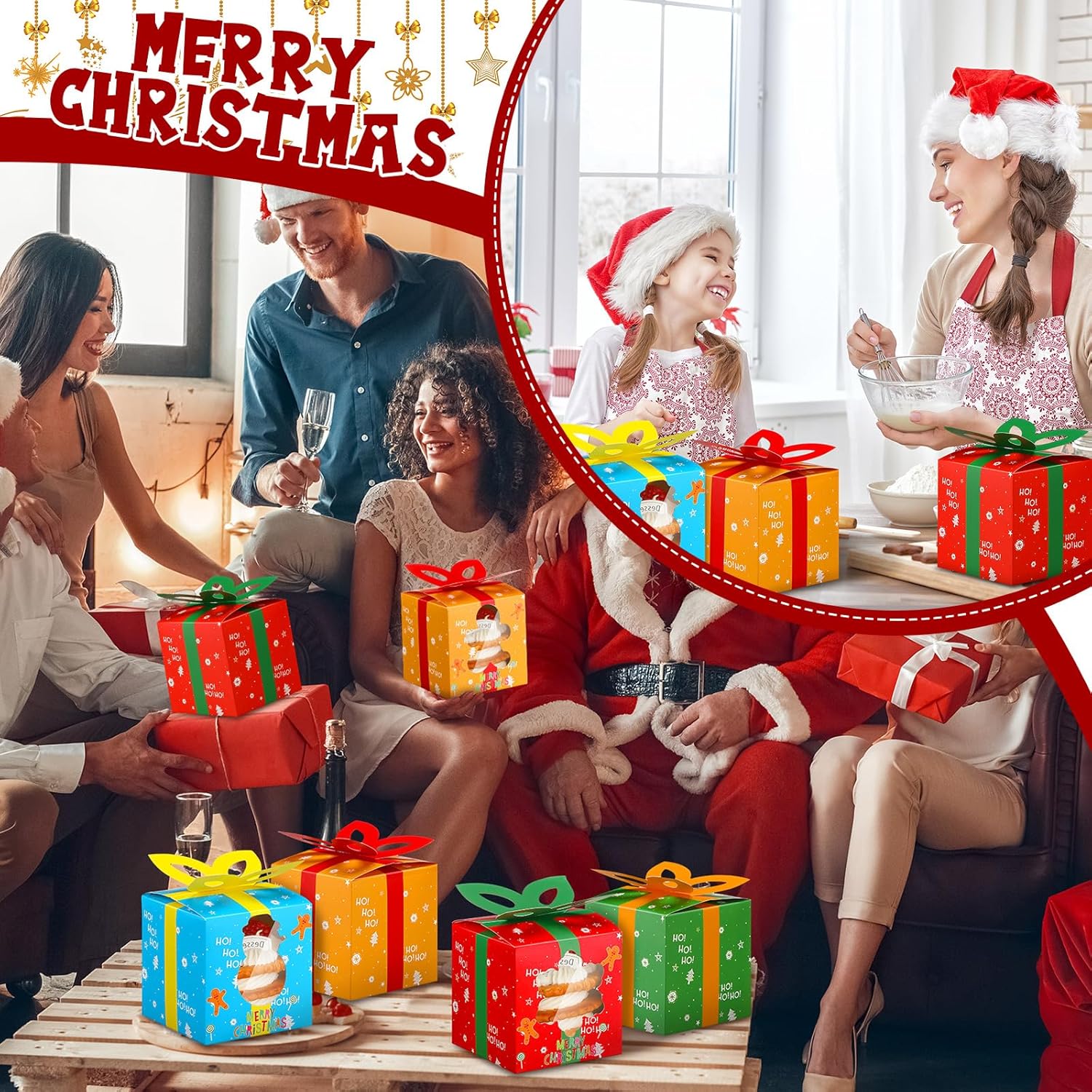100 cajas individuales para cupcakes de Navidad 3.94, caja para hornear regalo de galletas de Navidad con asa de inserción de ventana, caja de